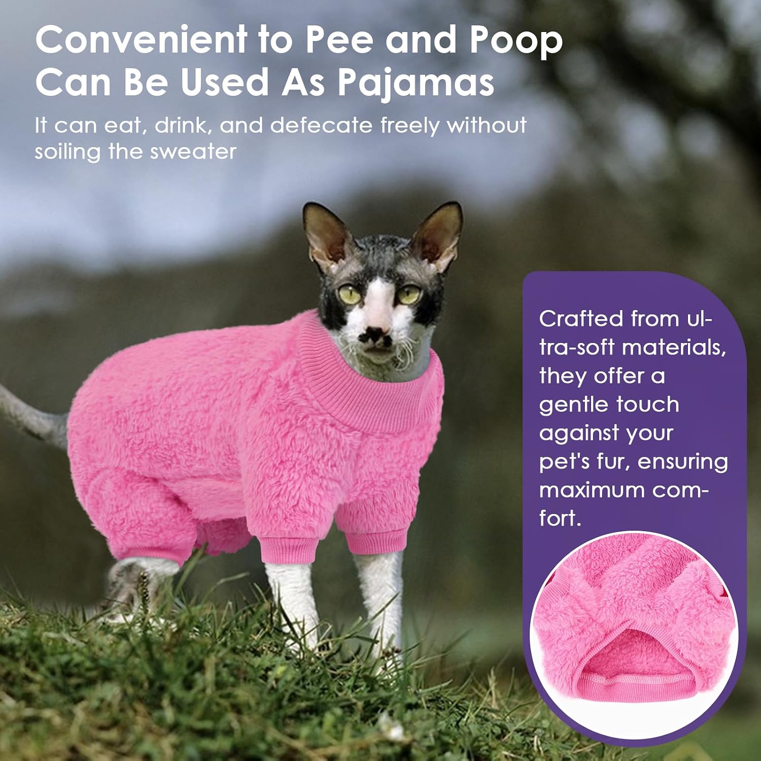 Sphynx Hairless Cat Sweater, Full Body Warm Fleece Sweaters with Sleeves for Cats, Soft Turtleneck Cat Clothes, Cozy Pullover Pajamas for Hairless Cats Devon, Donskoy, Hot Pink XL