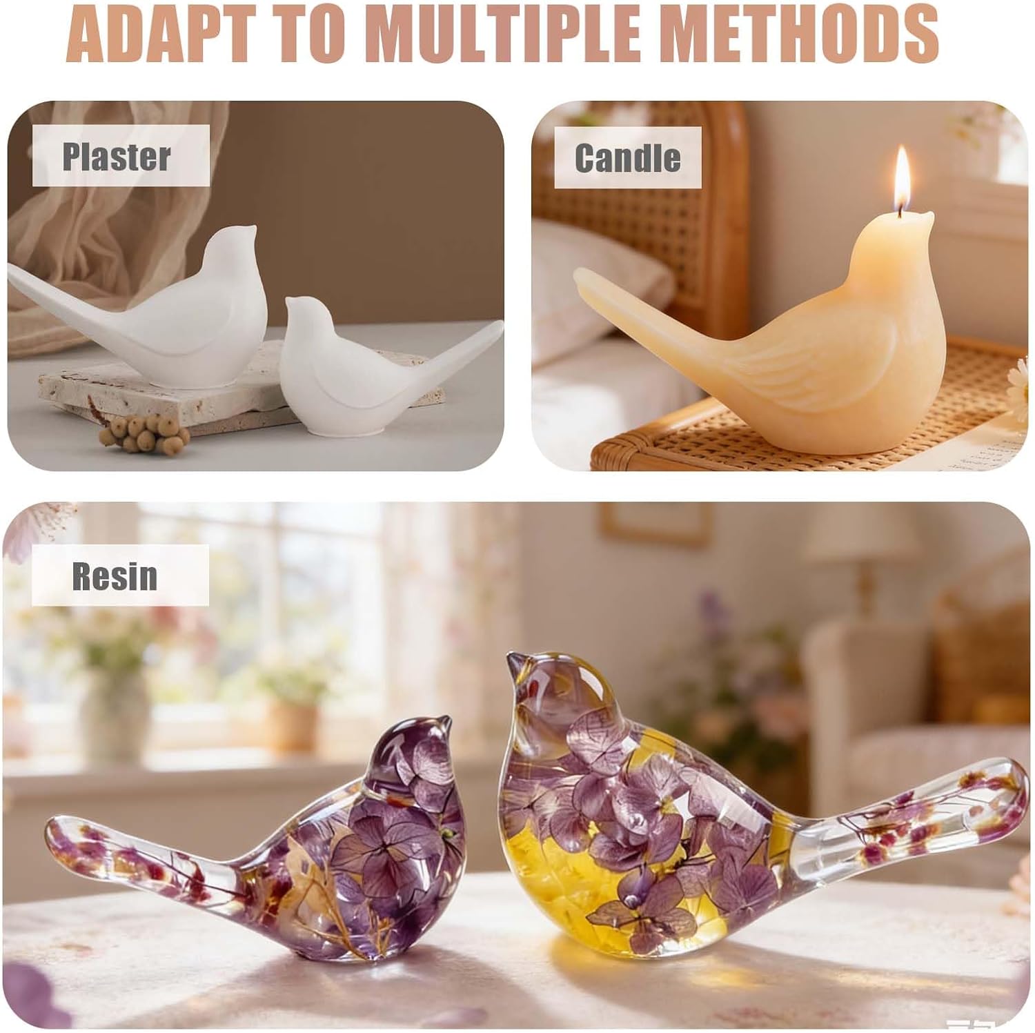 2PCS Bird Resin Molds Silicone, 3D Bird Silicone Mold Set for Epoxy Resin Casting, Animal Resin Molds for Flowers Preservation, Soap, Candle Making, Spring Decor & DIY Crafts