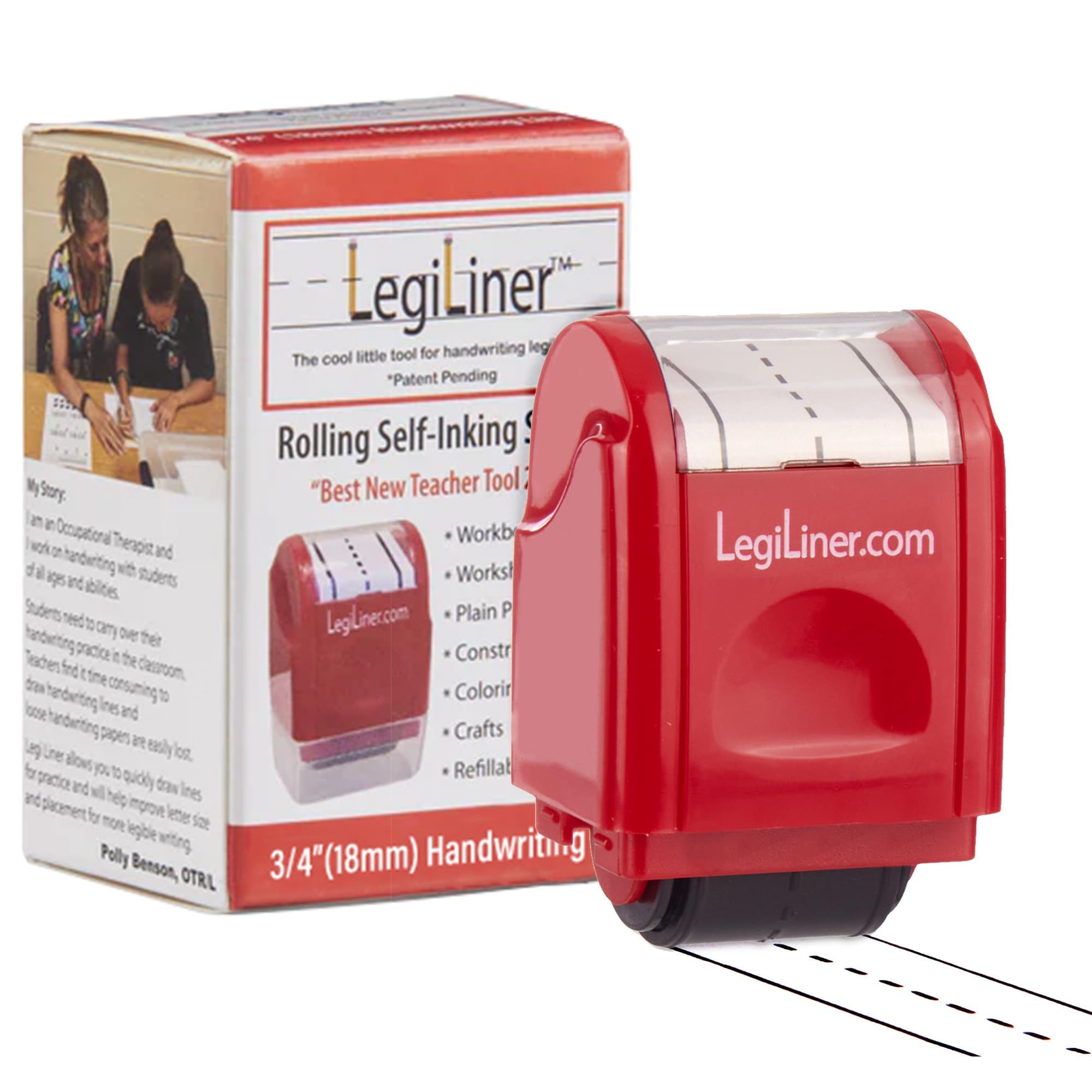 LEGILINER 3/4" Dashed Handwriting line, Rolling, self-Inking Stamp. Handwriting Practice Tool for Teachers/OT’s/Homeschool/Special Ed. Pre-K/Kindergarten/1st Grade Size.