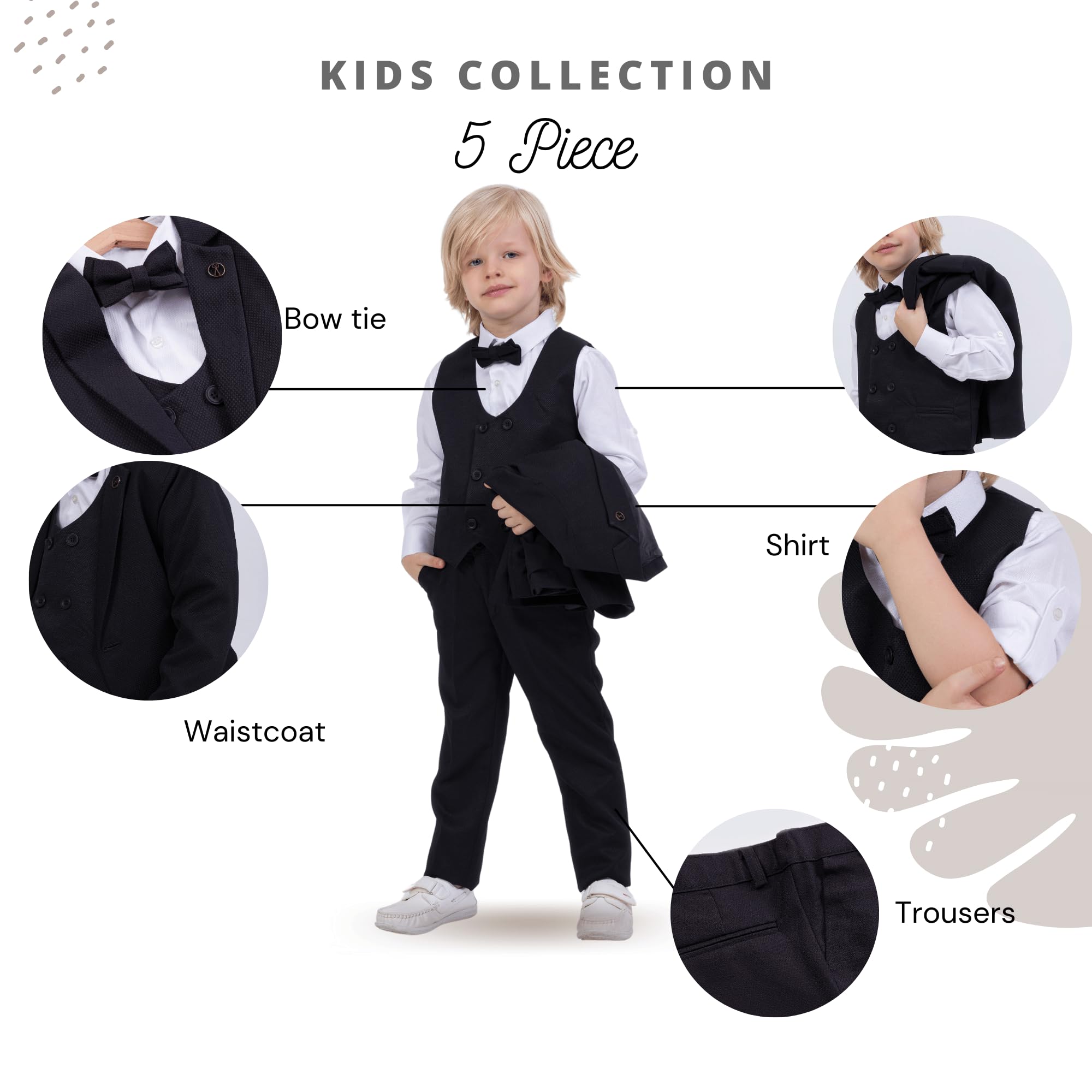 Vestito per ragazzi | Set da 5 pezzi camicia, pantaloni, gilet, giacca e papillon | Abbigliamento formale e per feste per ragazzi di età compresa tra 1 e 13 anni