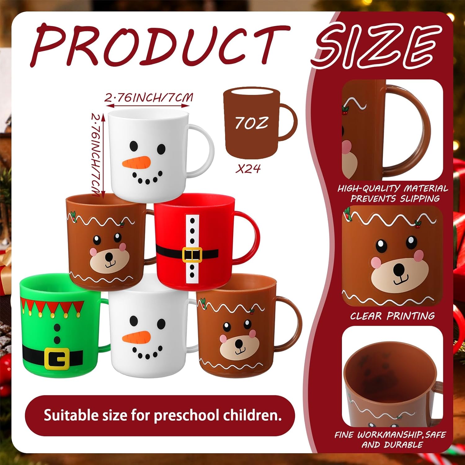 Yaomiao 24 Pcs Christmas Mugs Set Santa Snowman Elk Elf Plastic Mugs Bulk Christmas 7 oz Cups Gifts for Holiday Party Supplies, 4 Styles