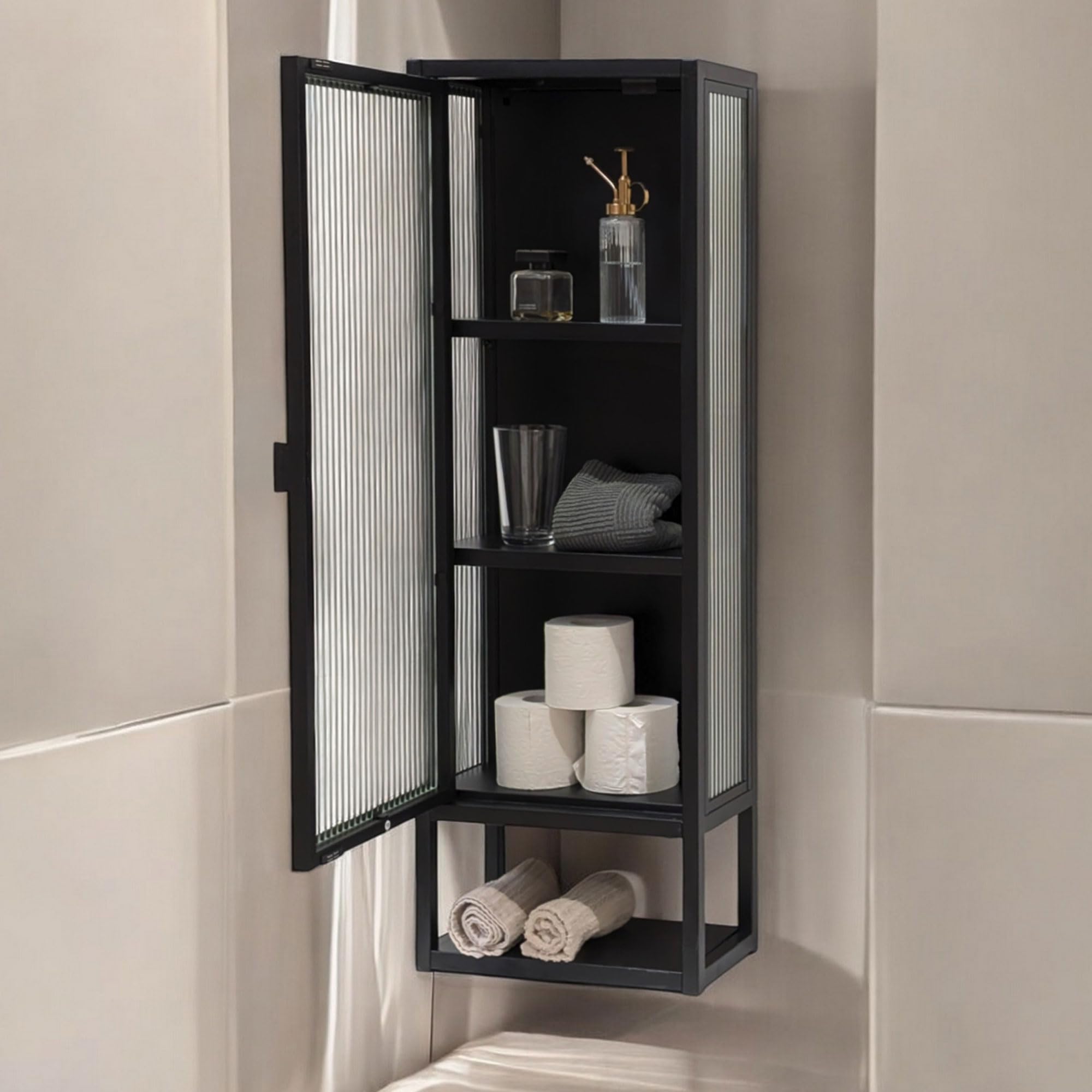 osoltus Wandschrank Riffelglas Stahl Regal Cube schwarz Industrial 102x36cm