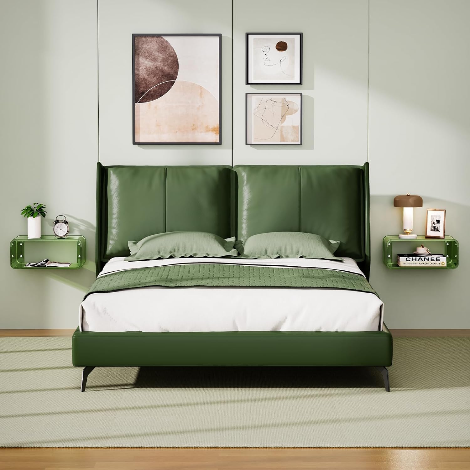 Acrylic Floating Shelves for Wall, Transparent Nightstand Wall-Mounted BedsideTable, Space-Saving Clear Acrylic Shelf for Figures, Home Décor, Plants (16.1''x 9.4''x 6.7'', Green)