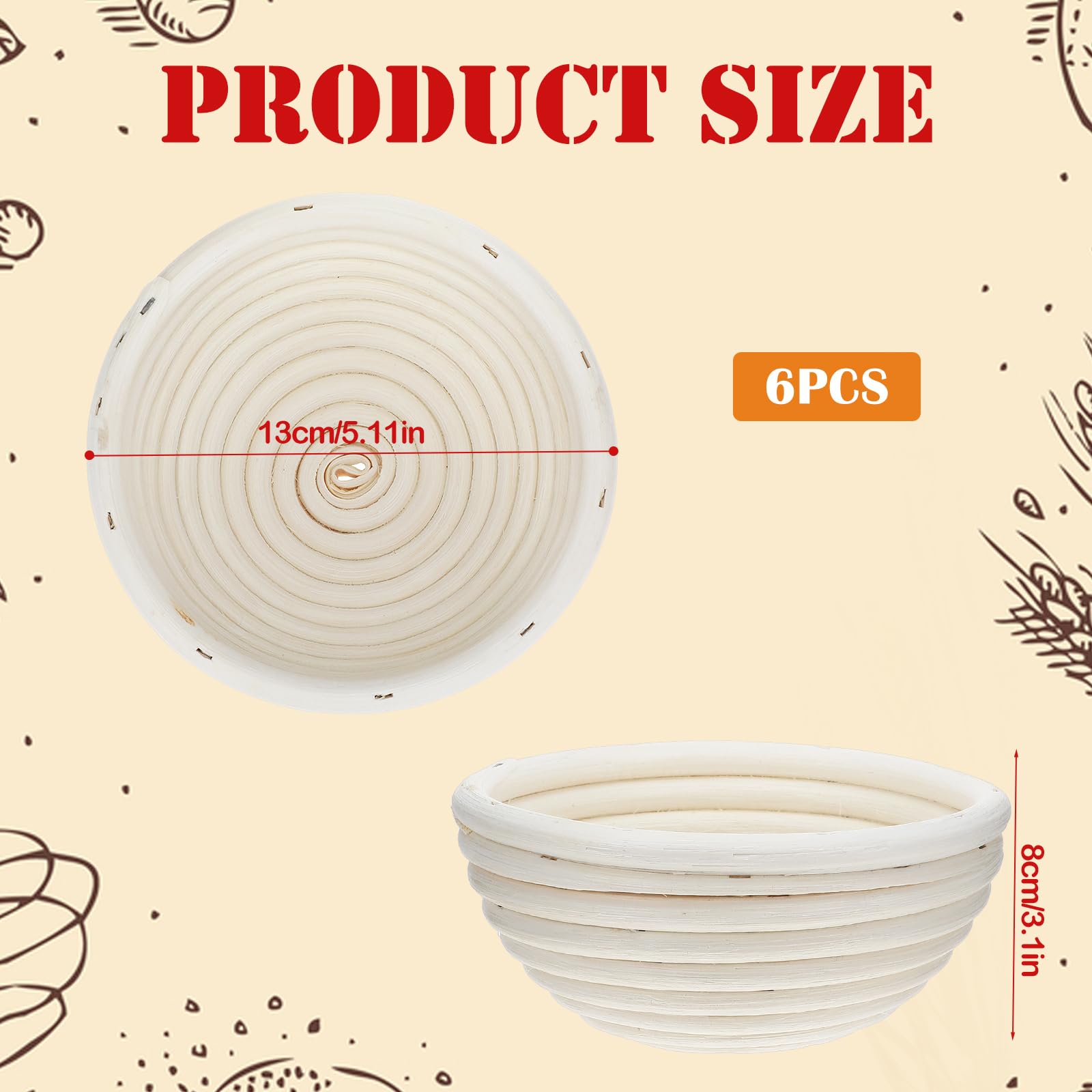 5 Inch Banneton Bread Proofing Basket 6 Pcs Round Dough Sourdough Proofing Basket Dough Proofing Bowls with Removable Liner for Starter Gifts Professional Home Bakers
