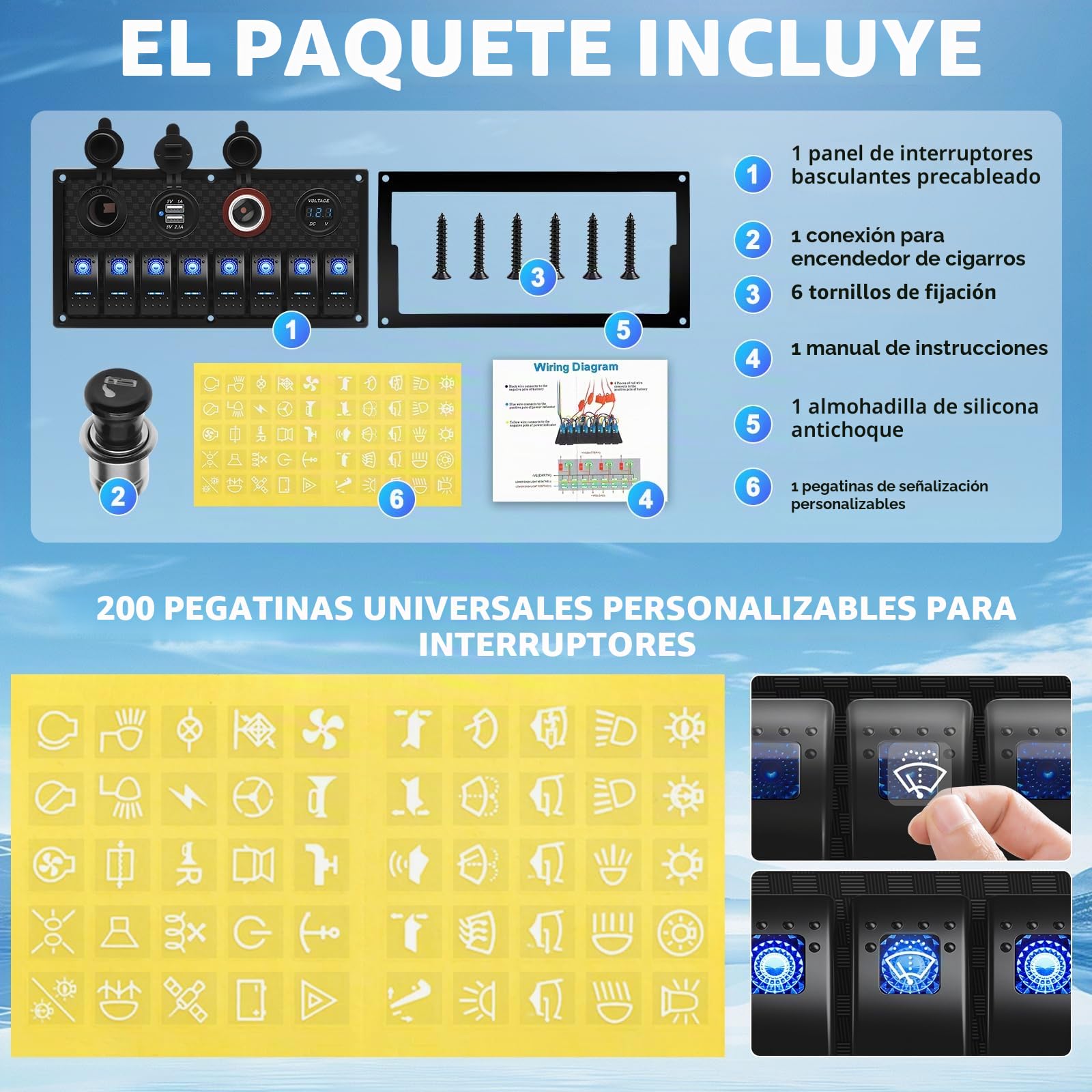 Geloo Panel de Interruptores Basculantes de 8 Pandillas, 4 en 1 Multifunción Impermeable Panel de Interruptores de Palanca para Coche, Barco, Camión, Caravana, Vehículos (Blue)