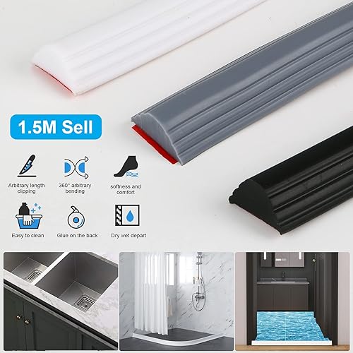 Miniatura 5 de Presa de agua plegable de 59 pulgadas, umbral de ducha, barrera de ducha de silicona autoadhesiva para separación seca y húmeda, baño, ducha y