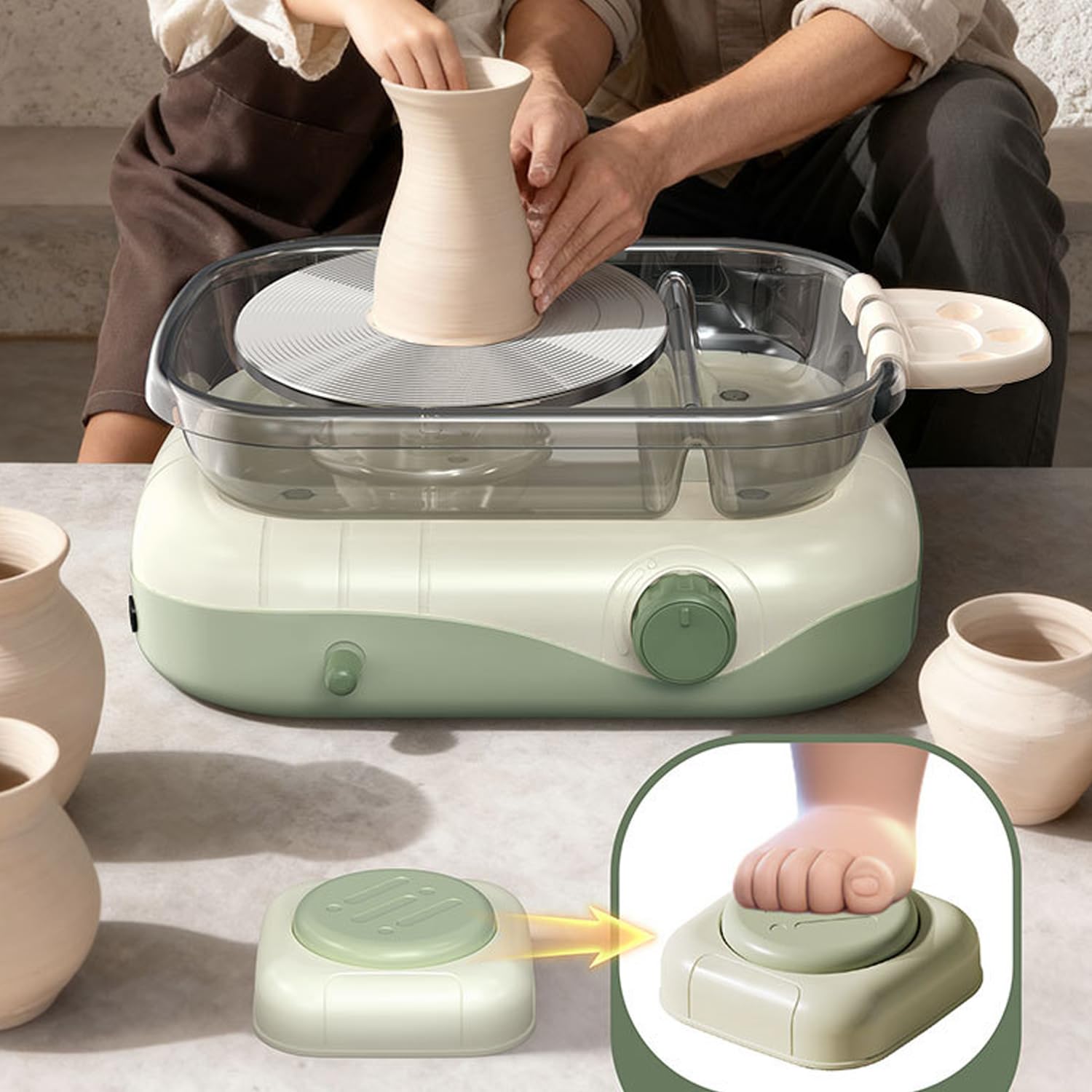 Elektrisch Töpferscheibe, 200R/min Pottery Wheel, 17.5cm Drehteller Tonmaschine mit Waschbecken und Schubladen, Stufenlose Geschwindigkeitsanpassung für DIY Bastelprojekte für Kinder und Erwachsene