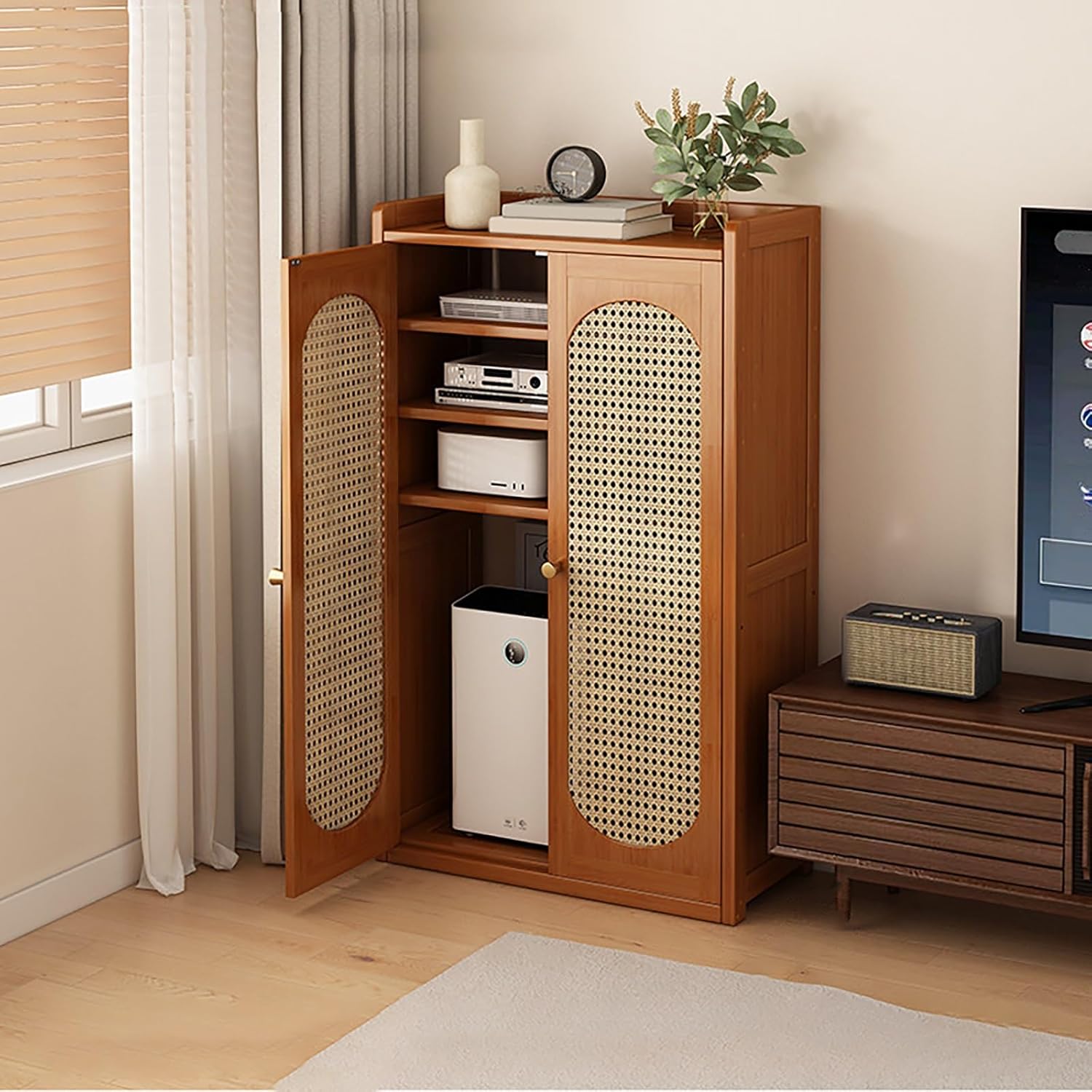 Organizer Router Hider Box Rattan WiFi Router Storage Cabinet with Door and Shelf Large Capacity for Living Room Bedroom.(60x25x82cm)