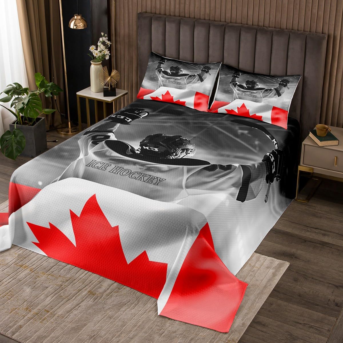 Castle Fairy Canadian Flag Maple Leaf Bedspread Queen Size Bedding for Teens Living Room Ice Hockey Decor Coverlet Set Extreme Sports Quilt Set for All Season,3 Pcs with 2 Pillowcases