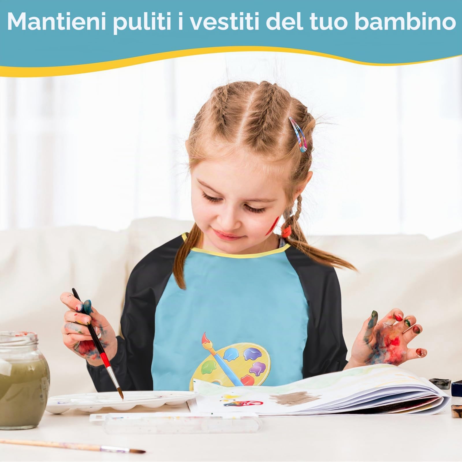 VMUTGA 2 Pezzi Grembiule Pittura Bambini, Grembiule Scuola Elementare Bambino 6-12 Anni Grembiulino Impermeabile Maniche Lunghe con Tasche per Ragazzi Ragazza Dipingere Artigianato Cucina Asilo Scuola