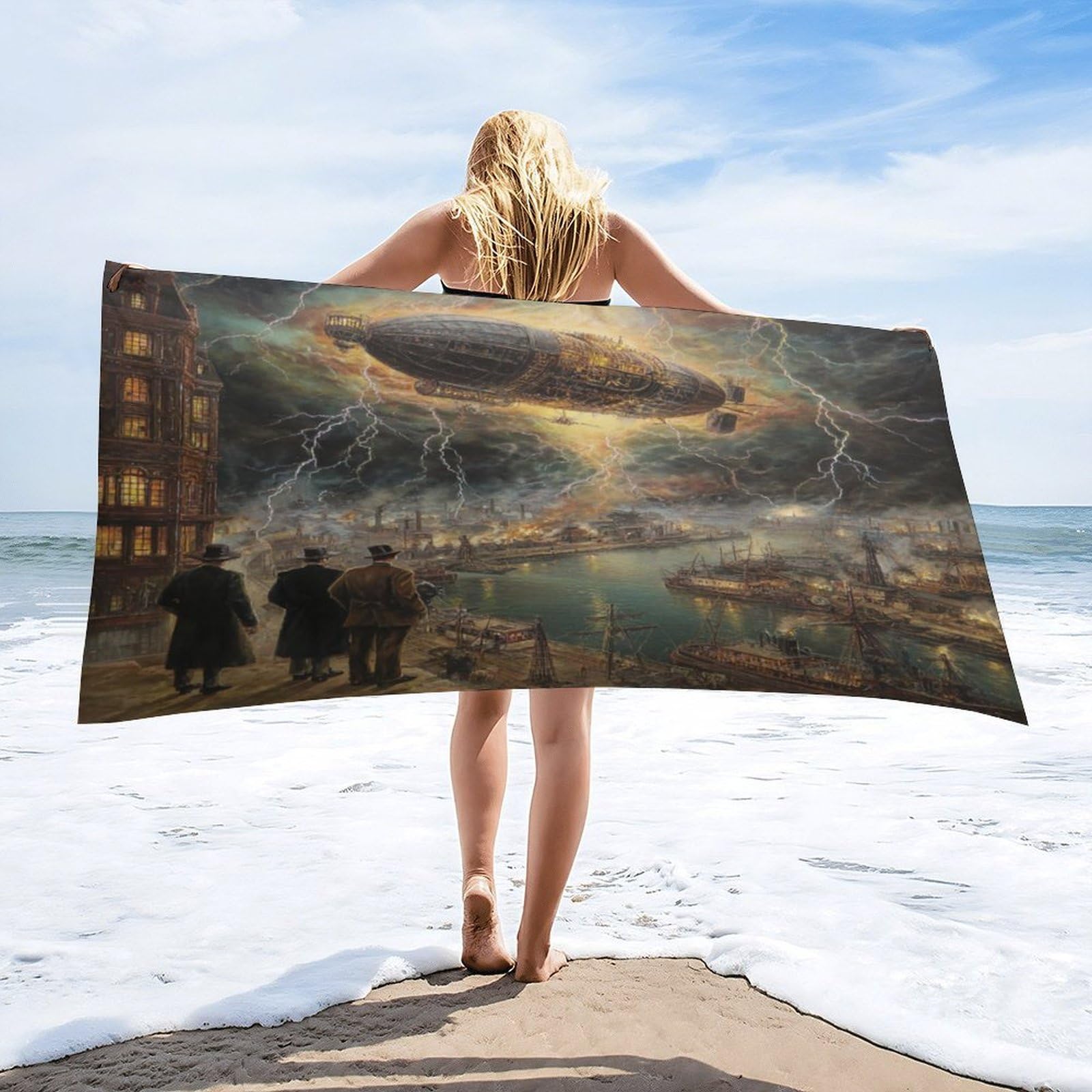 LUYYSKY Cool Abstract Steampunk Airship Quick-Drying Beach Towel, Classic Fantasy Coastal City Lightning Boat Pattern Travel Vacation Single Sided Pile Bathroom Towels-80 W cm x 160" L cm