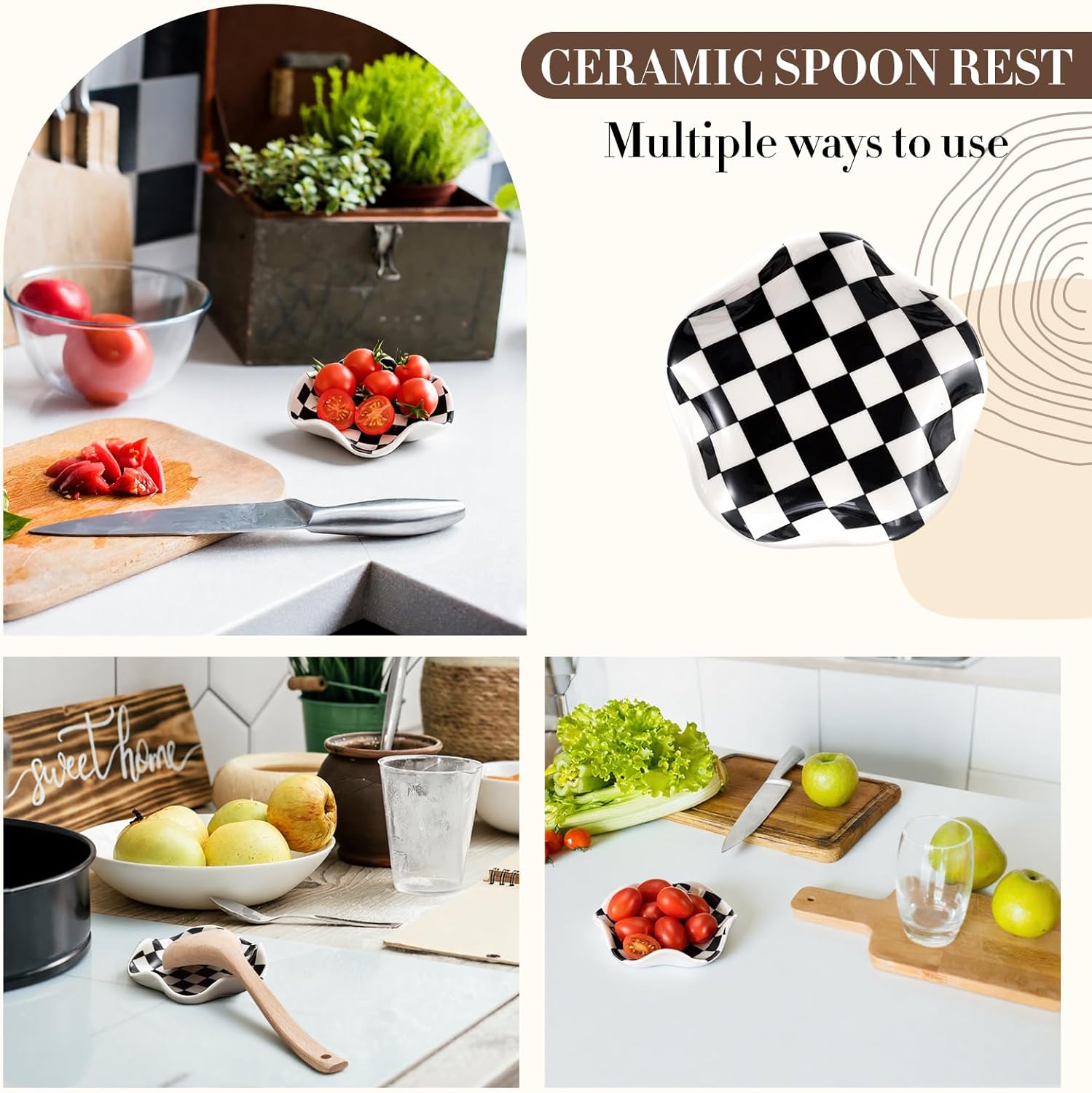 Mimorou 3 Pcs Checkered Kitchen Holder Housewarming Gift Set 6.3in Checkered Utensil Holder, 5.3in Ceramic Spoon Rest, 12" x 19" Dish Drying Mat for Kitchen Black White Decoration