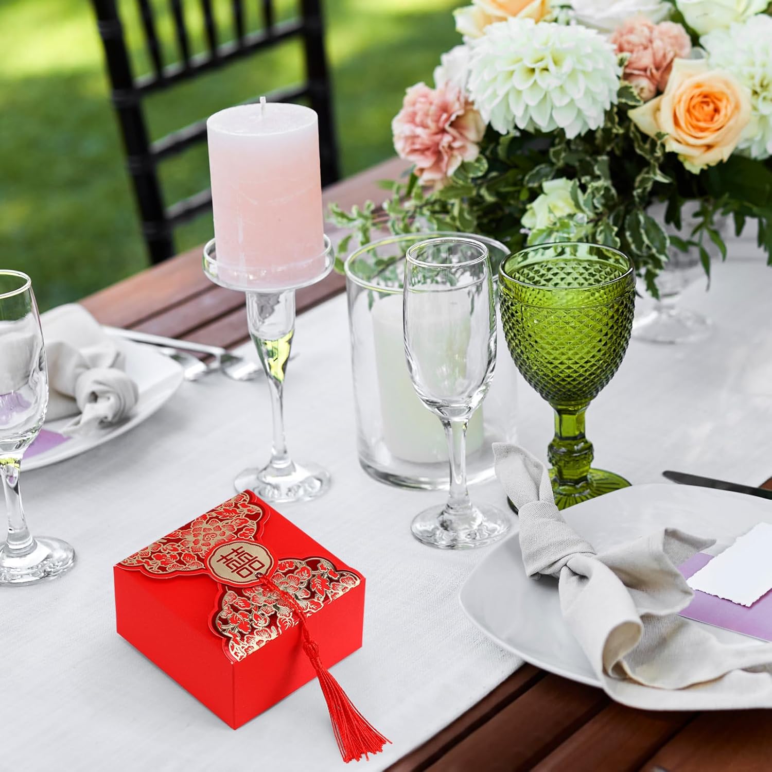 Abaodam Wedding Candy Box 20Pcs Chinese Style Xi Favor Boxes with Tassel Ribbon Portable Candy Storage Case for Wedding Baby Shower Birthday Party 3.18X3.18X1.96In - Image 8