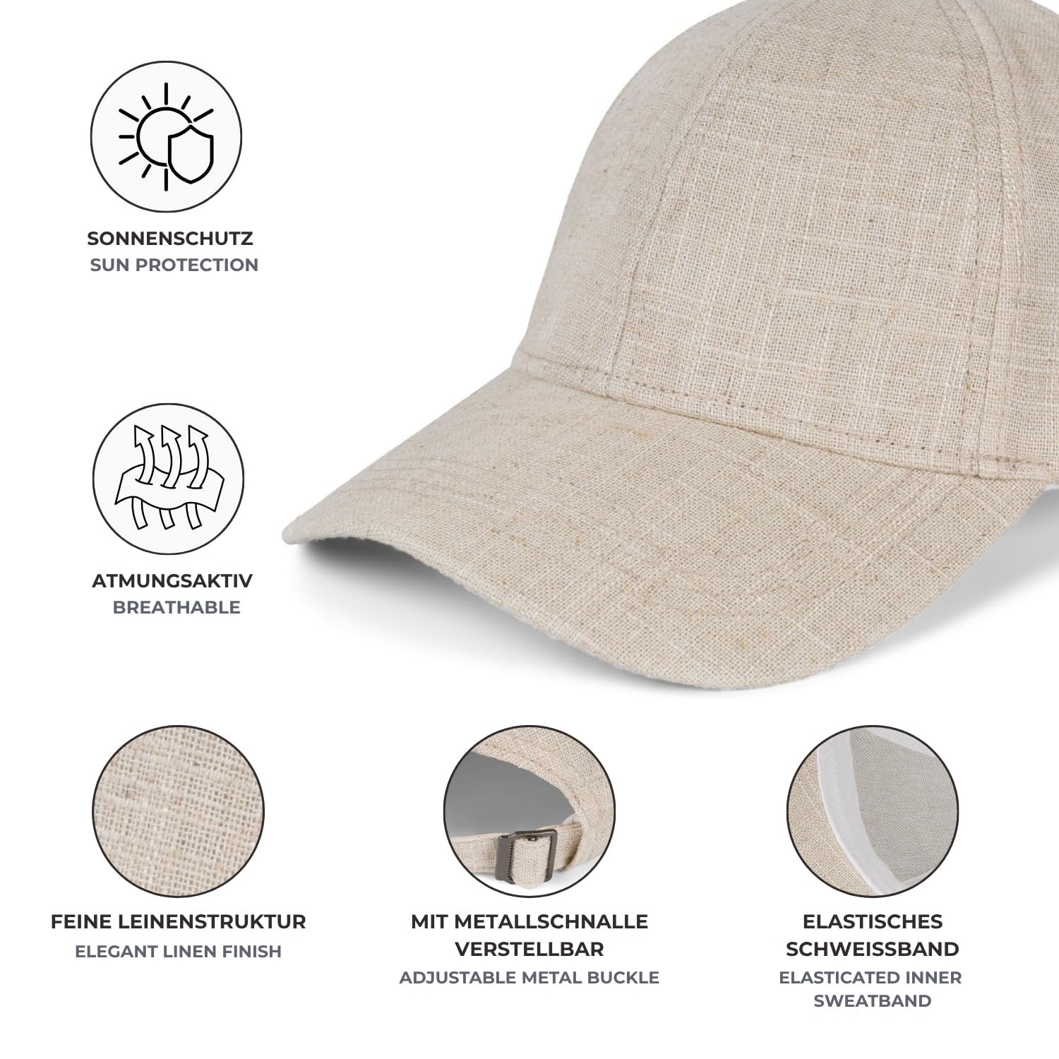 styleBREAKER Casquette de Baseball Unisexe en Lin | Casquette 6 Pans Réglable avec Visière Courbée | Casquette d'Été Respirante avec Boucle Métallique | Légère, Confortable & Stylée