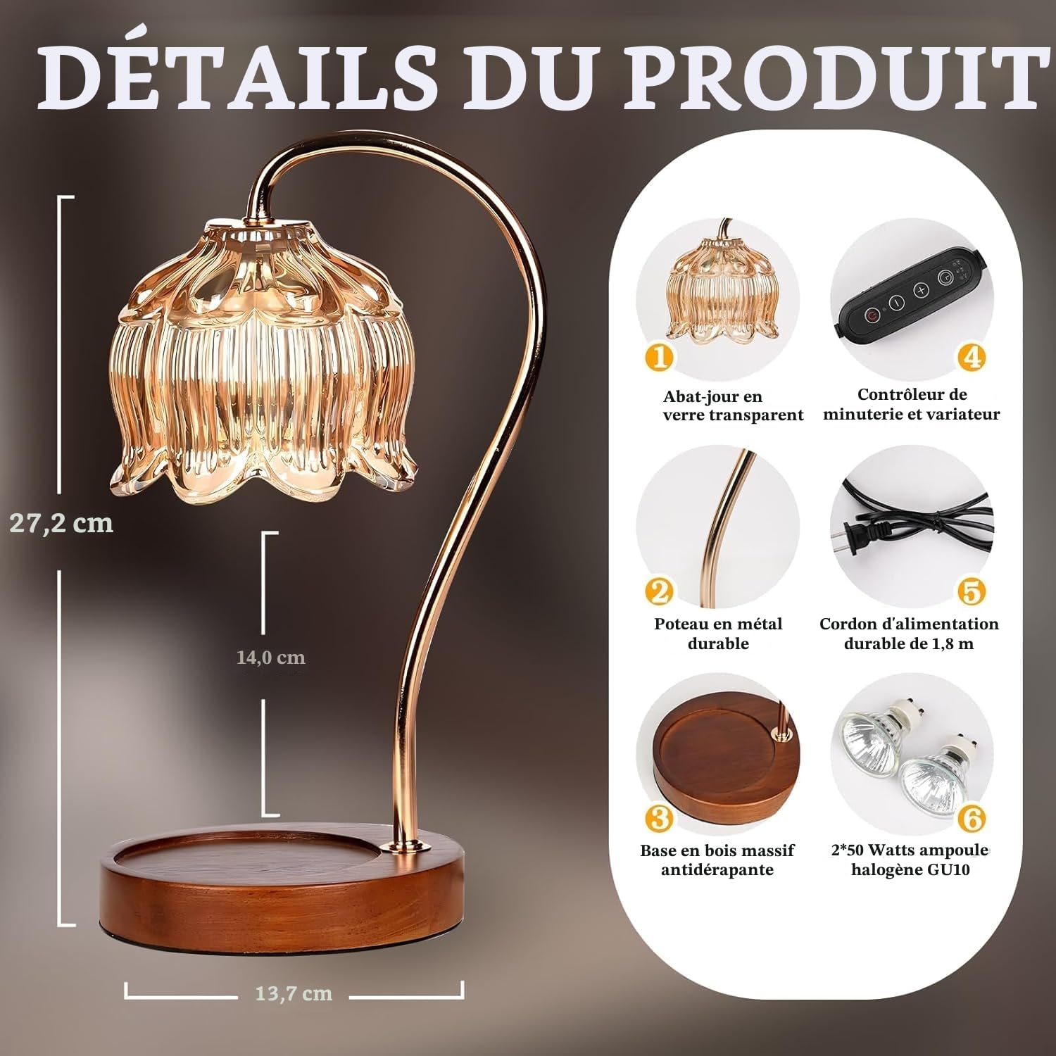 Lampe chauffe-bougie avec variateur d'intensité - Lampe électrique avec minuterie pour bougies parfumées en pot avec 2 ampoules