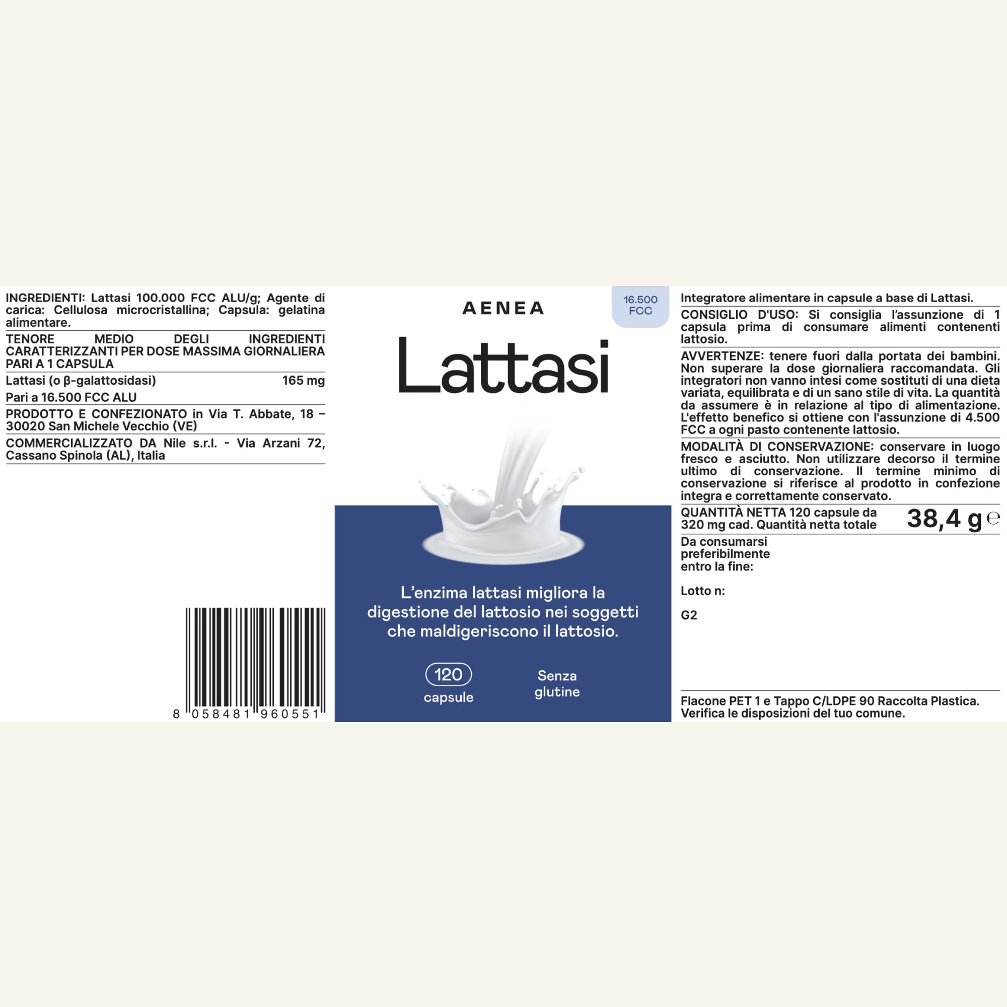 Aenea Lattasi Capsule Effetto Immediato 16500 FCC, 120 Capsule, Enzima Lattasi ad Alto Dosaggio per Intolleranza Lattosio, Capsule Lattosio per Digestione, Prodotto in Italia e Sicuro