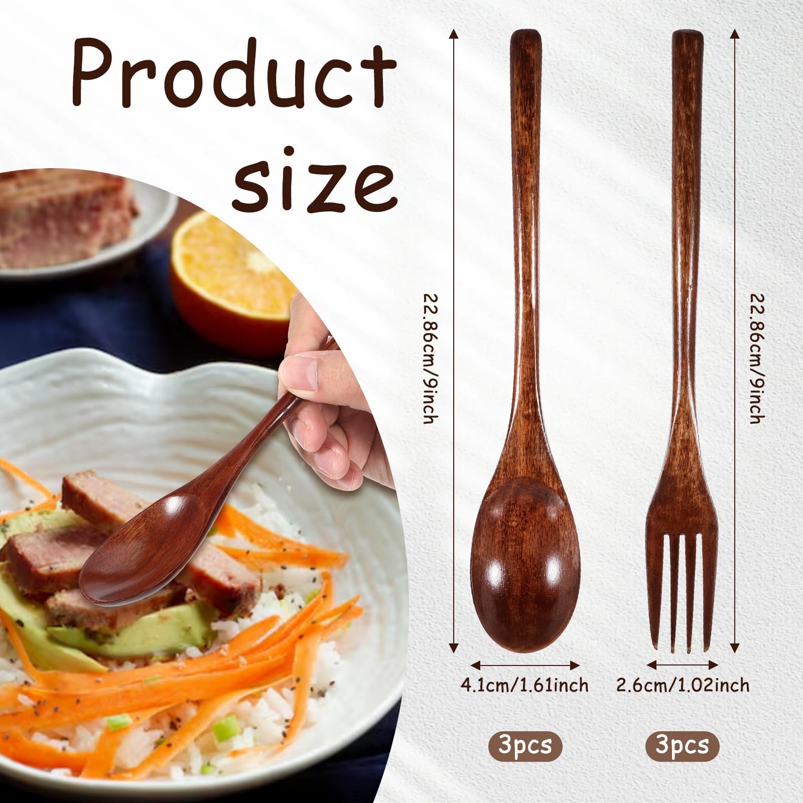 Soeplepels en vorken van hout, 6 stuks, houten bestek, houten keukengerei, Japanse stijl, herbruikbaar bestek, houten lepel voor camping, outdoor, keuken, koken, diner