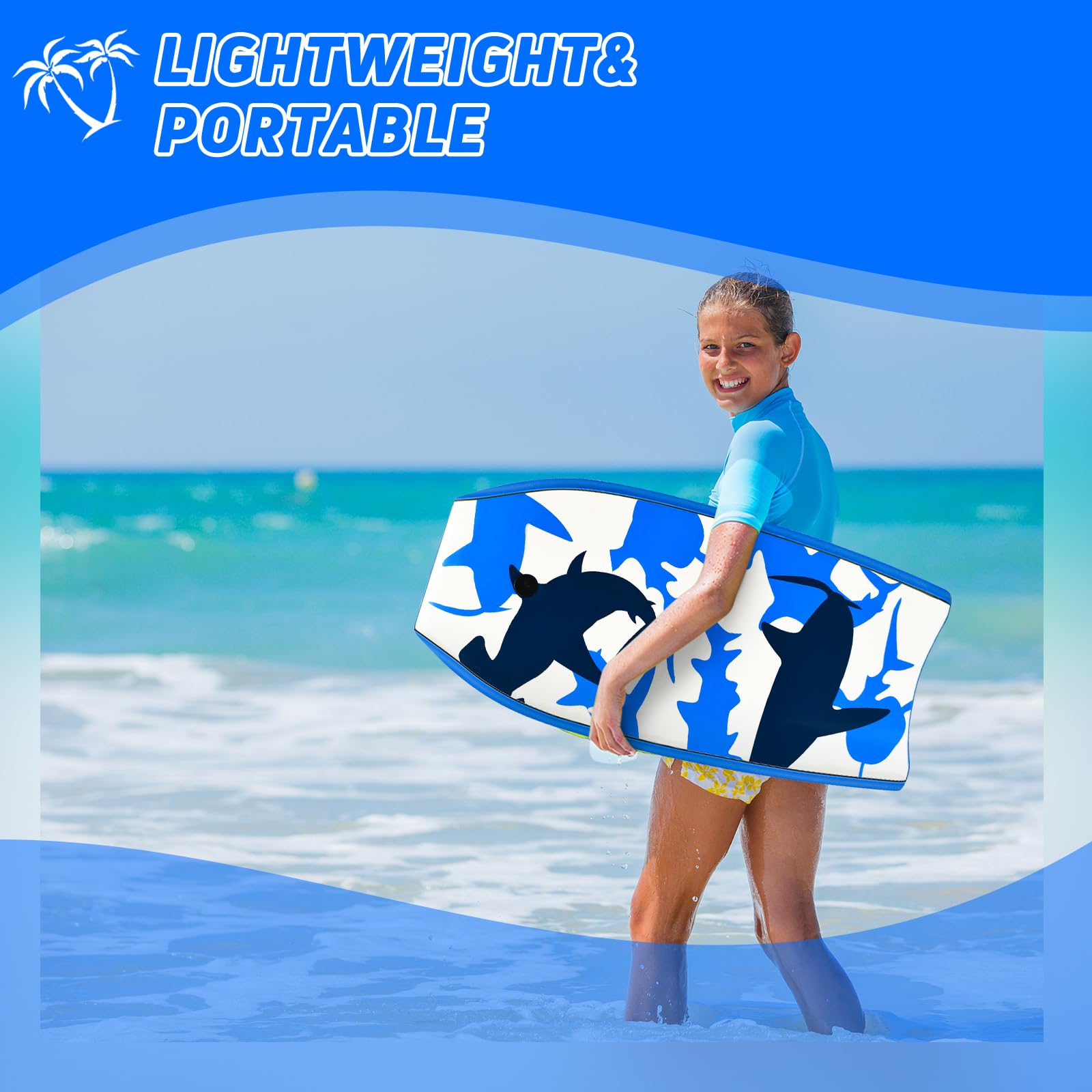 HOMASIS Bodyboard con Guinzaglio, Tavola da Surf in XPE & HDPE, Surfboard con Stampa di Squalo, Tavoletta da Surf Portatile per Bambini e Adulti, Blu
