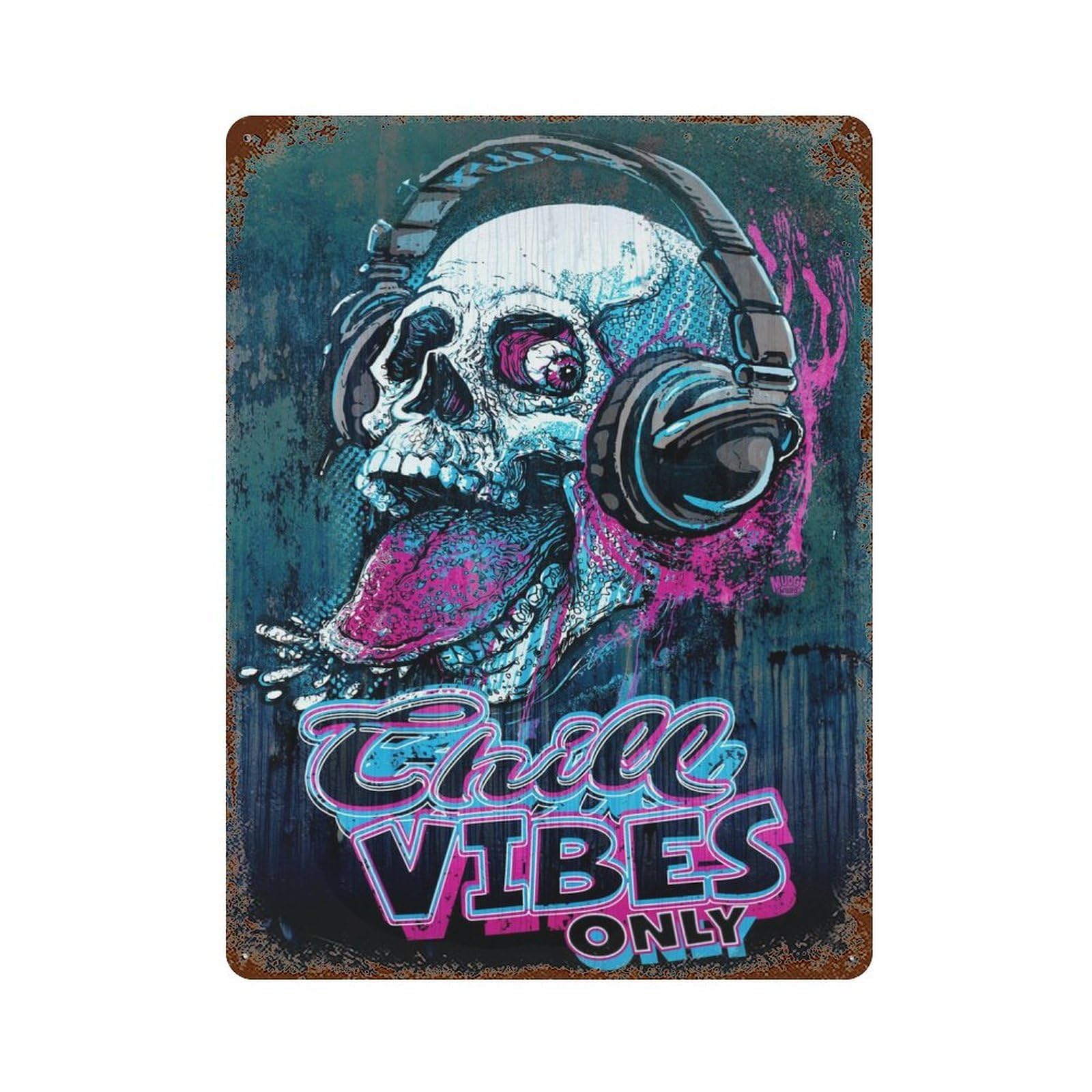Aged Metal Wall Plaque with Chill Skull Raspberry Vibe Design 15.7"x11.8", for Farmhouse, Kitchen And Entryway Decor, Retro Wall Decor