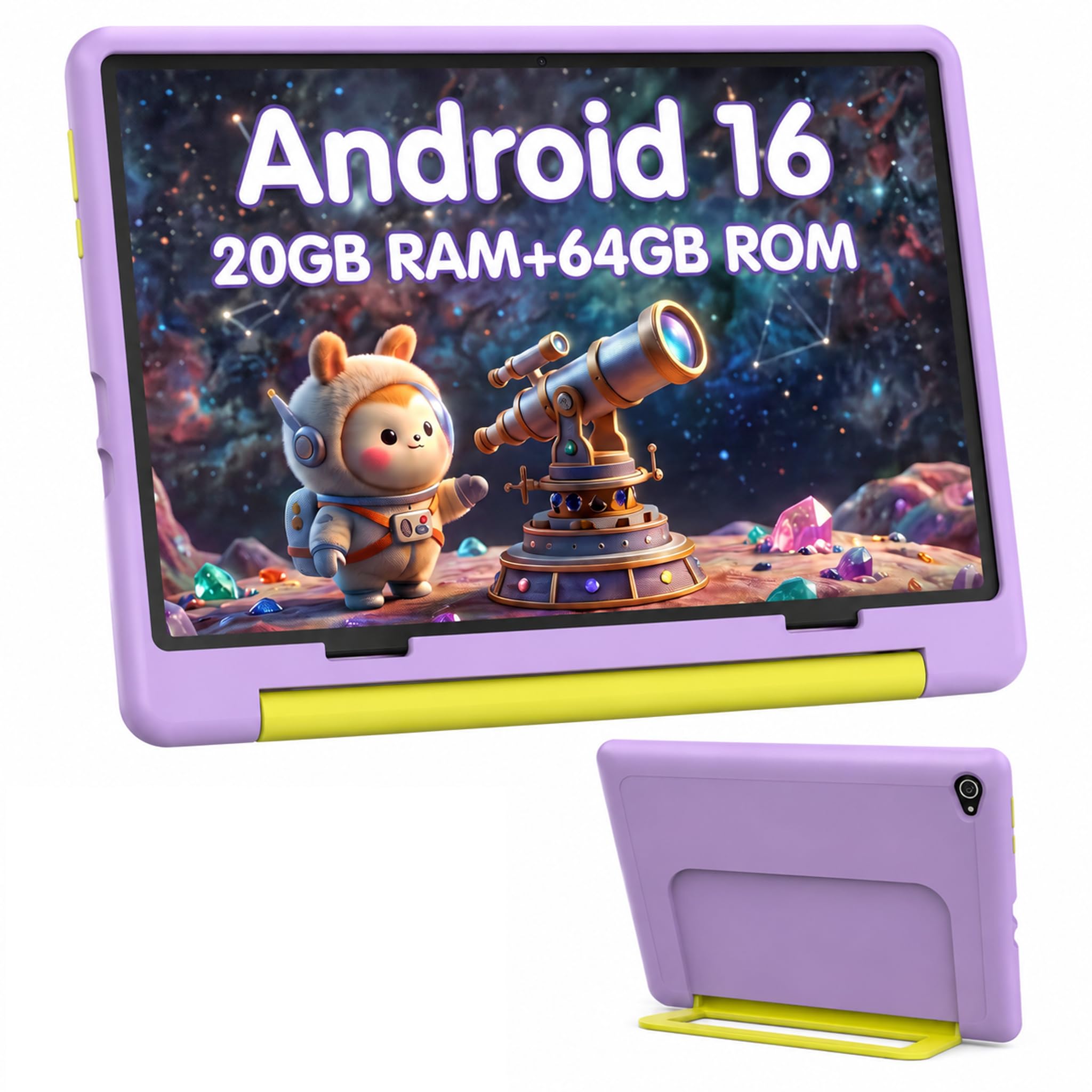 Tablet Bambini 10 Pollici Android 16 Tablets PC 20 GB RAM 64 GB ROM IPS1280x800 Doppia Fotocamera 5MP+8MP 5000 mAh WiFi 6 BT 5.4 Controllo Parentale Custodia Protettiva (Viola)