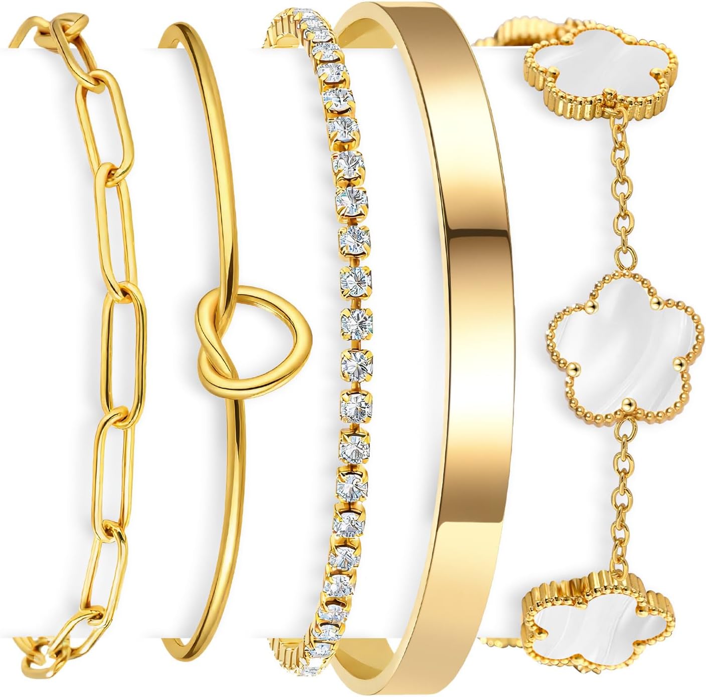 Stackable Gold Bracelet Set for Women, 18K Gold Plated Stainless Steel Non Tarnish Waterproof Bracelets, Adjustable Clover Paperclip Tennis Knot Bangle Set, Dainty Trendy Jewelry Gift for Her Mothers Day Mom Birthday