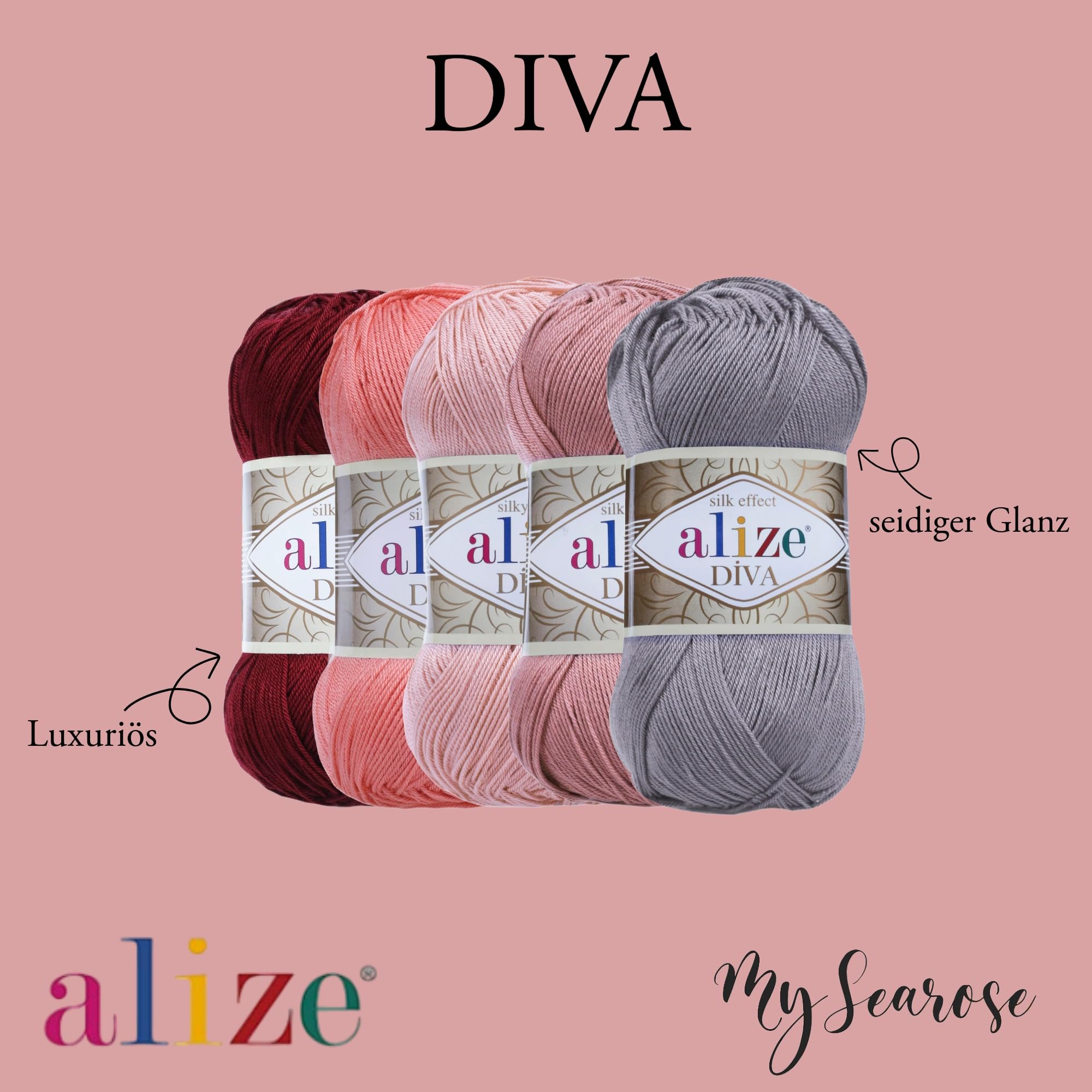 ALIZE 5 x 100g Diva 55 White Premium Wolle seidiges Microfaser Garn für Stricken & Häkeln von Sommermode Kleidern Cardigans und Accessoires mit mySearose Label