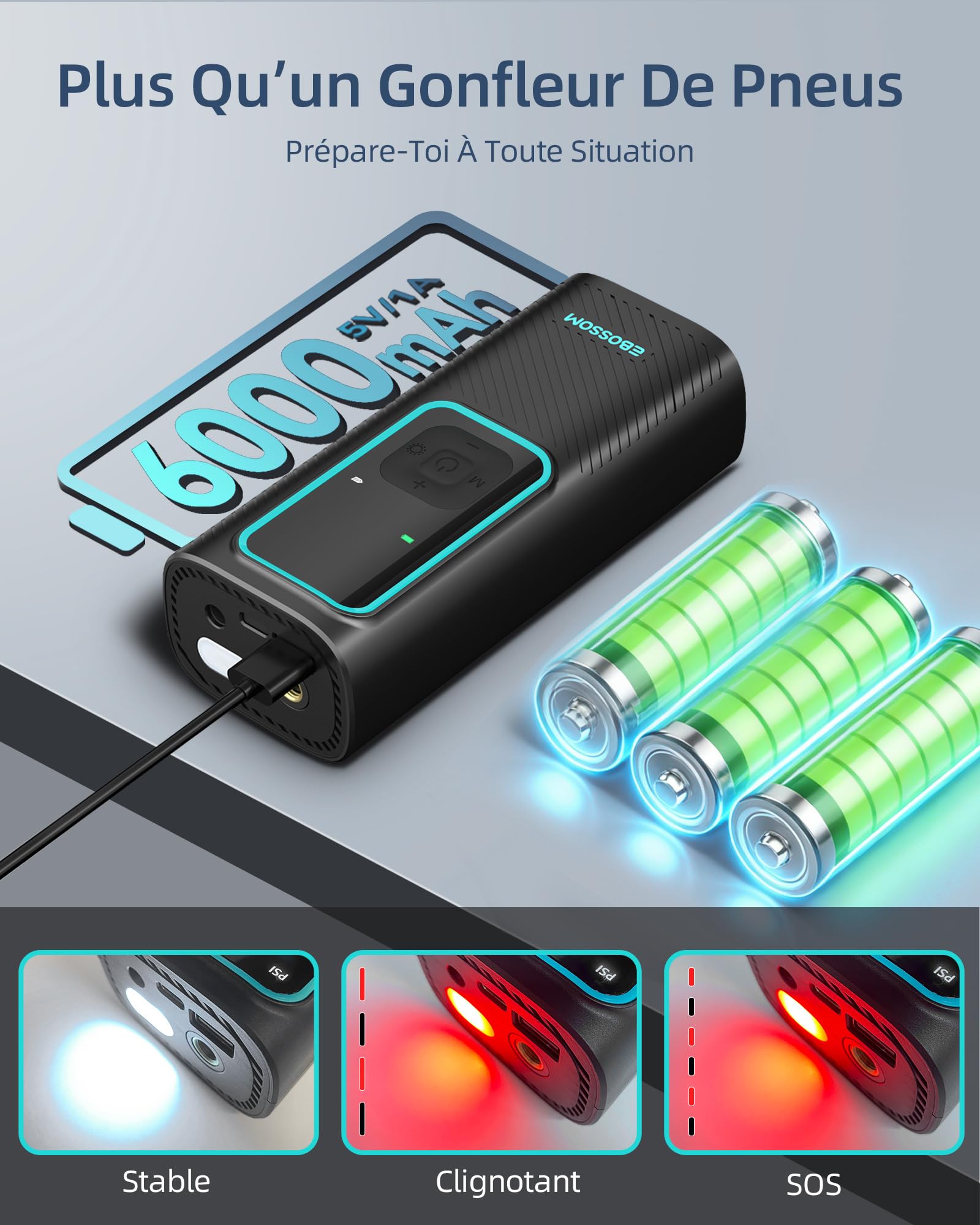 Compresseur À Air Portatif 10,3Bar, Gonfleur Pneus Voiture Mini,Pompe À Velo Électrique Gonflage Rapide,Gonfleur Pneu Sans Fil avec Batterie 6000mAh & 12V DC par allume-cigare,LED et Arrêt Automatique