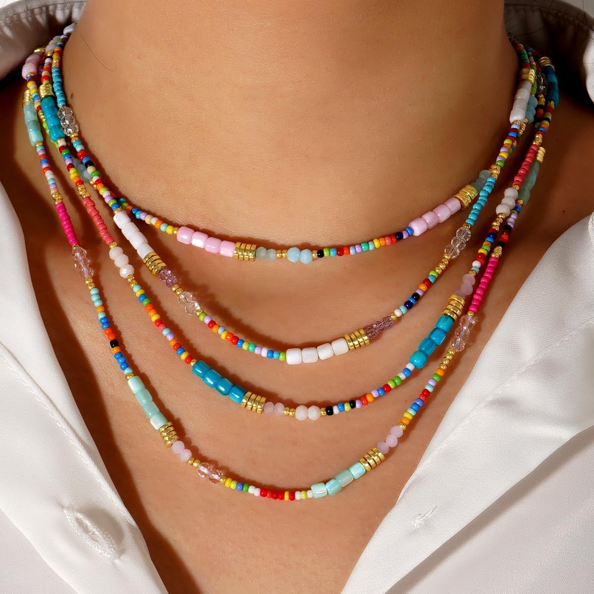4PCS Dainty Colorful Natural Crystal Beaded Layered Choker Necklace Set for Women,Handmade Bohemian Candy Healing Stone Beads Trendy Beach Jewelry Gift Friendship - Image 3