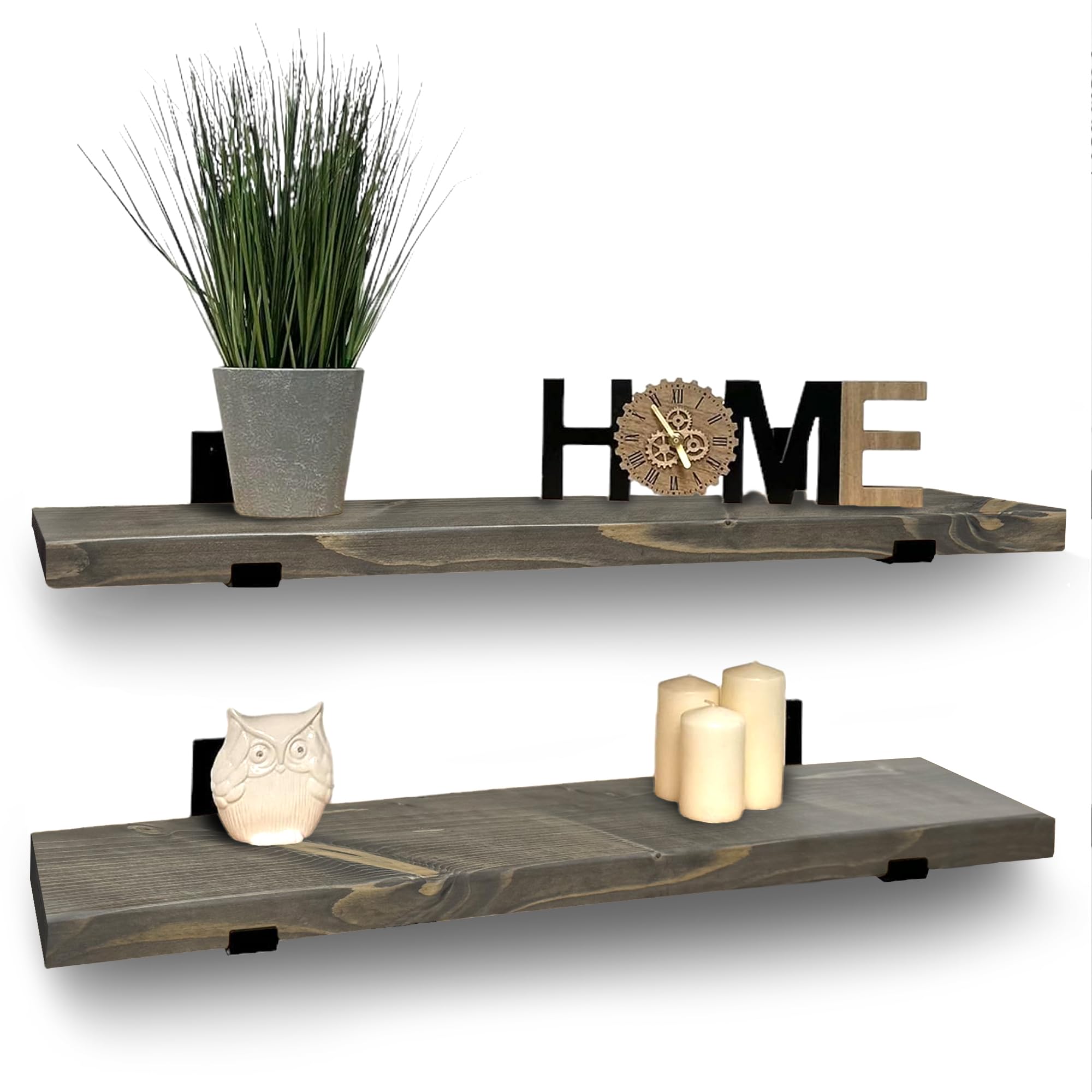 MKGT Handcrafted Rustic Wooden Floating Shelves with L-Brackets - Set of 2 (80cm) Driftwood Grey - Perfect for Kitchen Wall, Living Room
