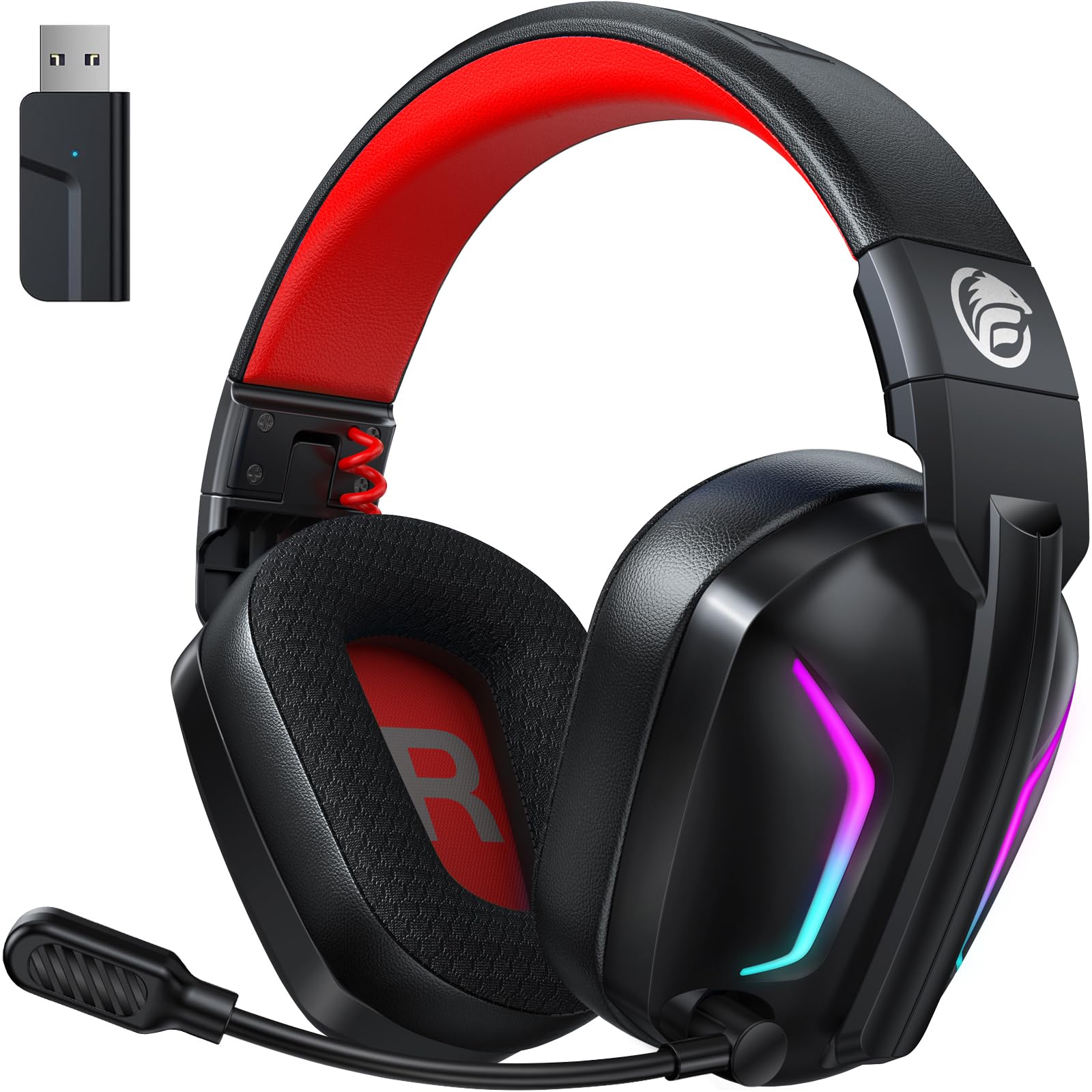 Fachixy FC300 Cuffie Gaming Wireless Per PC, PS5, PS4, Mac - 2,4 GHz e Bluetooth senza perdite - 50 ore di batteria, driver da 50 mm, luci RGB, audio spaziale, Nero-Rosso