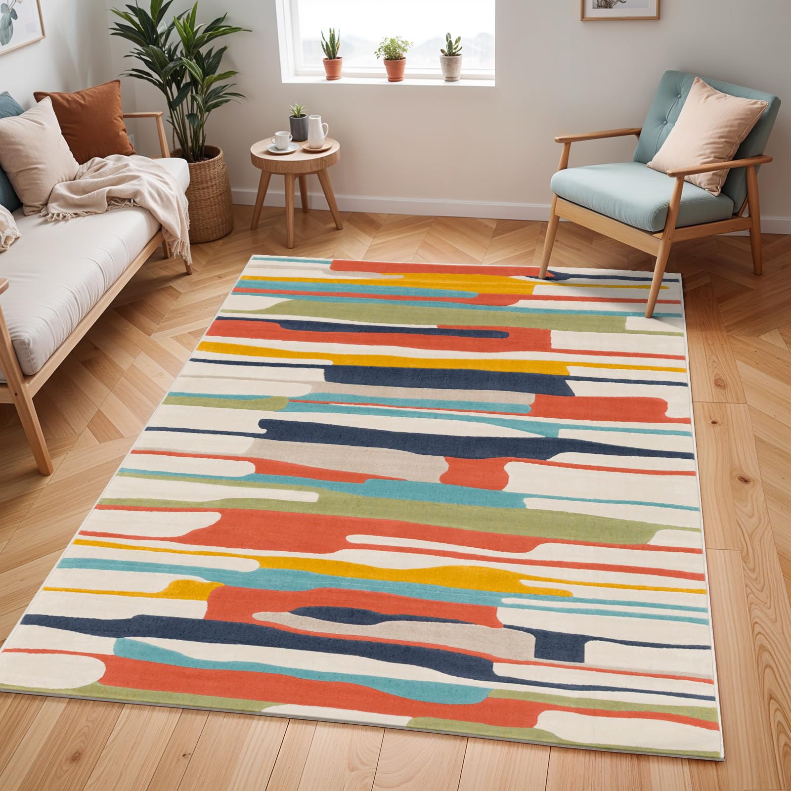 Livabliss Atlanta Boho 120x170 cm - Wohnzimmer, Schlafzimmer, Esszimmer, geometrisches Muster, Skandi Stil in Orange, Blau, Beige