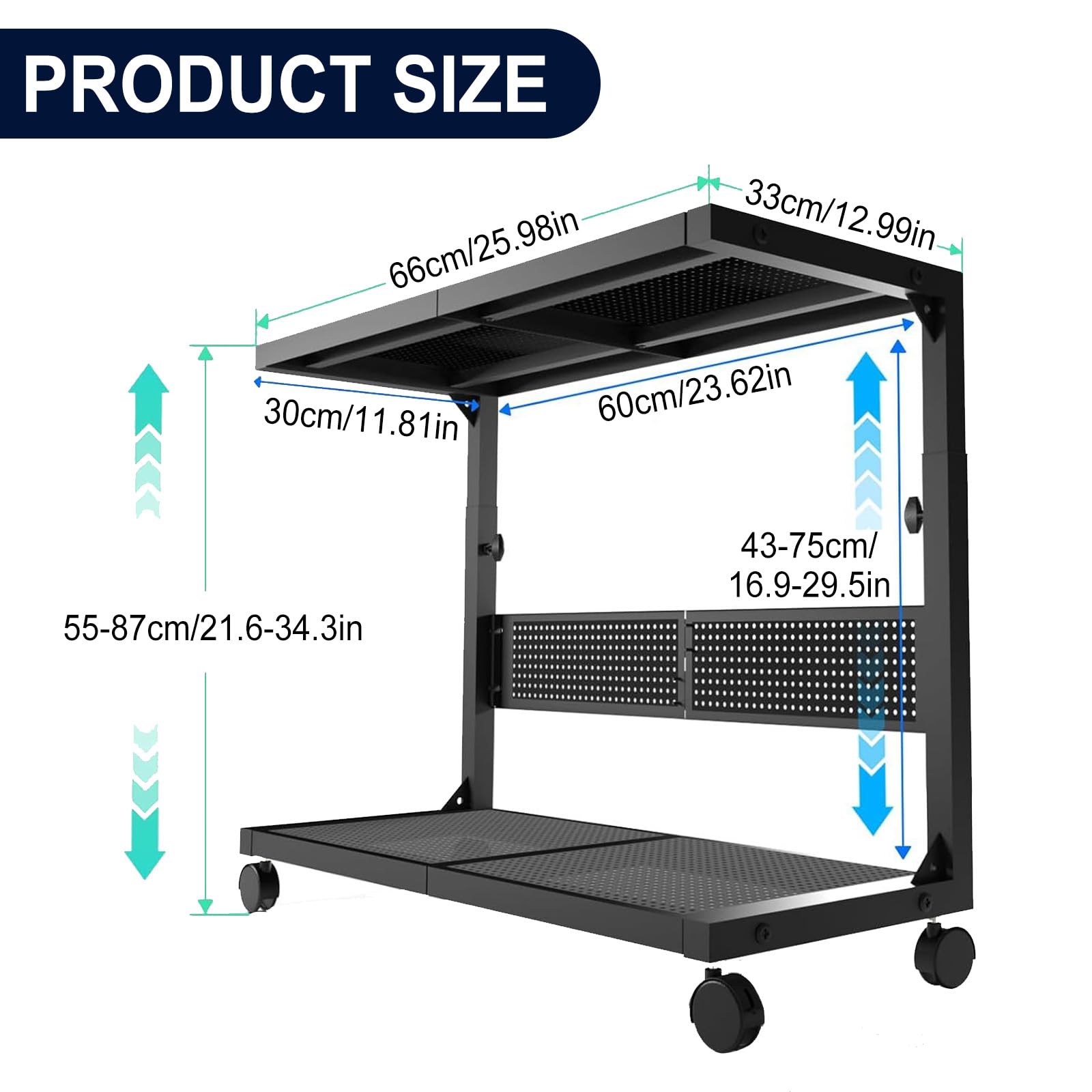 Höhenverstellbarer Computer-Tower-Ständer 2-stöckig – ATX-Gehäuse-Ständer aus Kohlenstoffstahl mit 4 Rollen, für PC-Tower, Bodendrucker & Büroorganisation