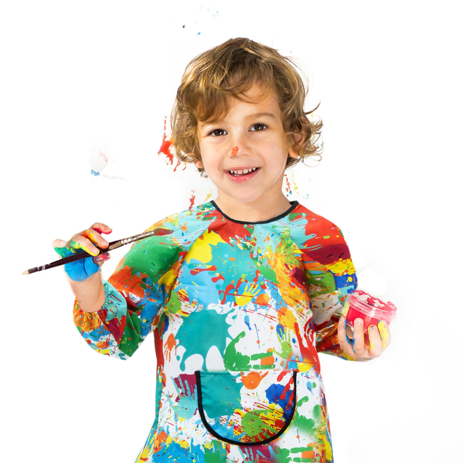GEBETTER Babi Escolar Infantil, Delantal Niños, Delantal Infantil, Bata Escolar Pintura Impermeable Manga Larga Bolsillo Tira Espalda Guardería Colegio Escuela Casa, Niño Niña 7 8 9 10 11 Años