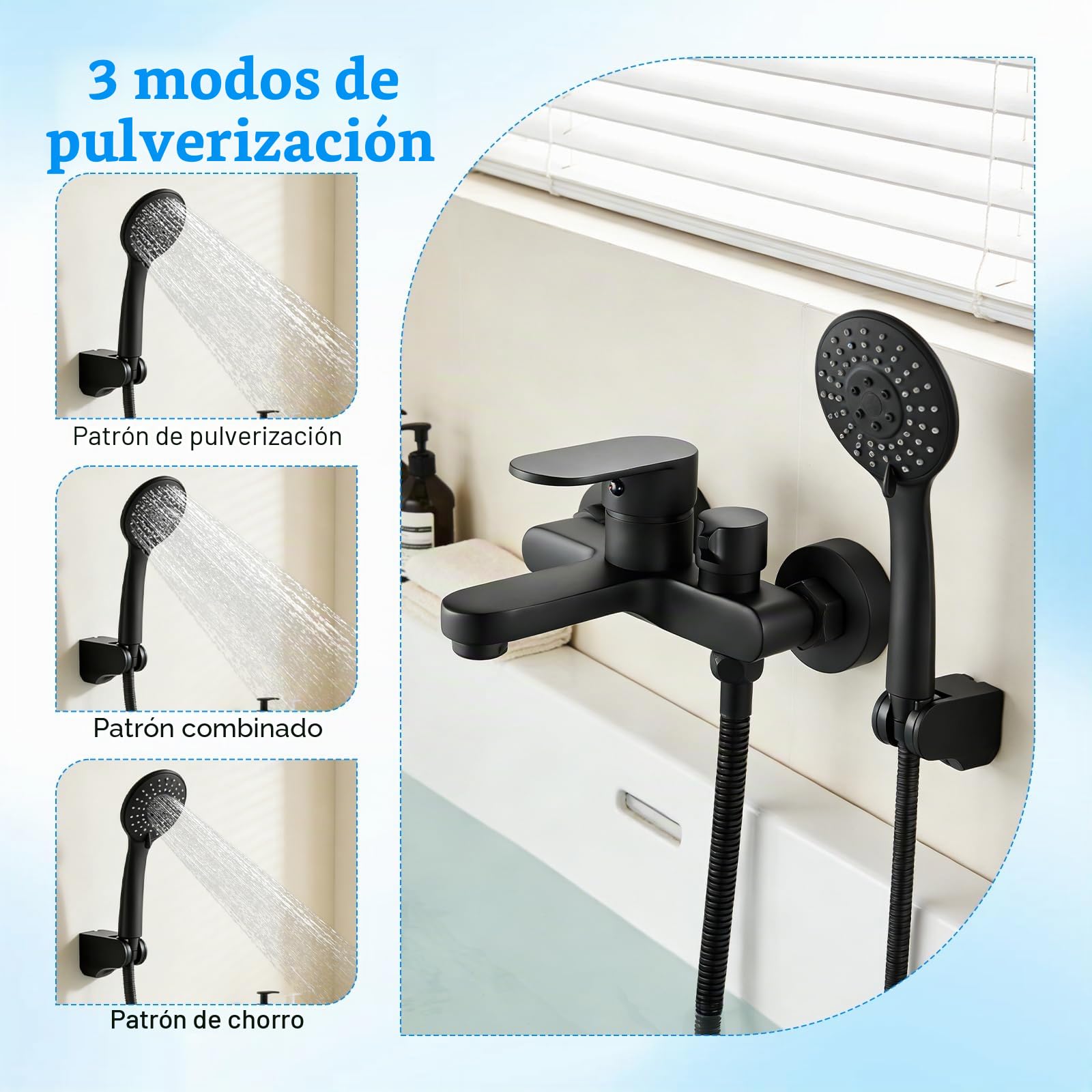 Grifo para Bañera y Ducha con Alcachofa de Mano | Mezclador Monomando de Latón Montado en La Pared, Alcachofa de Mano 3 Modos con Manguera de Acero Inoxidable 1.5m y Soporte