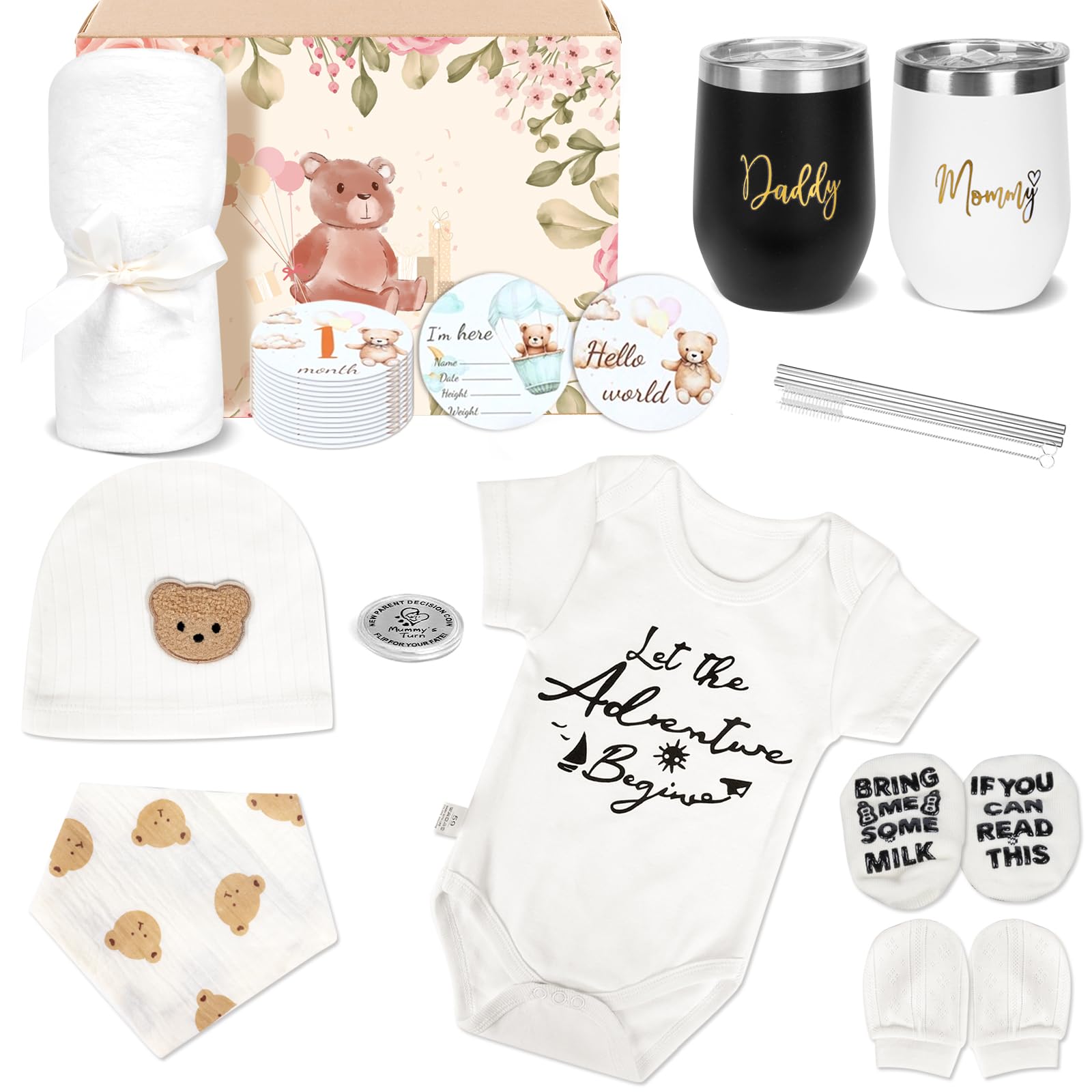 Regalo Neonato, 11 Pezzi Kit Nascita Maschietto Femminuccia, Regali per Neonati con 2 Tazze Body Neonato Copertina Cappellino Calzini Bavaglino Guanti Moneta Decisionale