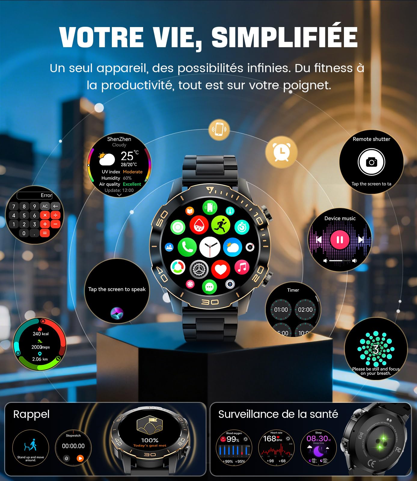 Montre Connectée Homme, Sports/D'affaires, 1,43" AMOLED Écran Smartwatch Homme avec Appel Bluetooth, IP68 Étanche, 170+ Modes Sportifs/Fréquence Cardiaque/Sommeil Compatible Android iOS, Noir