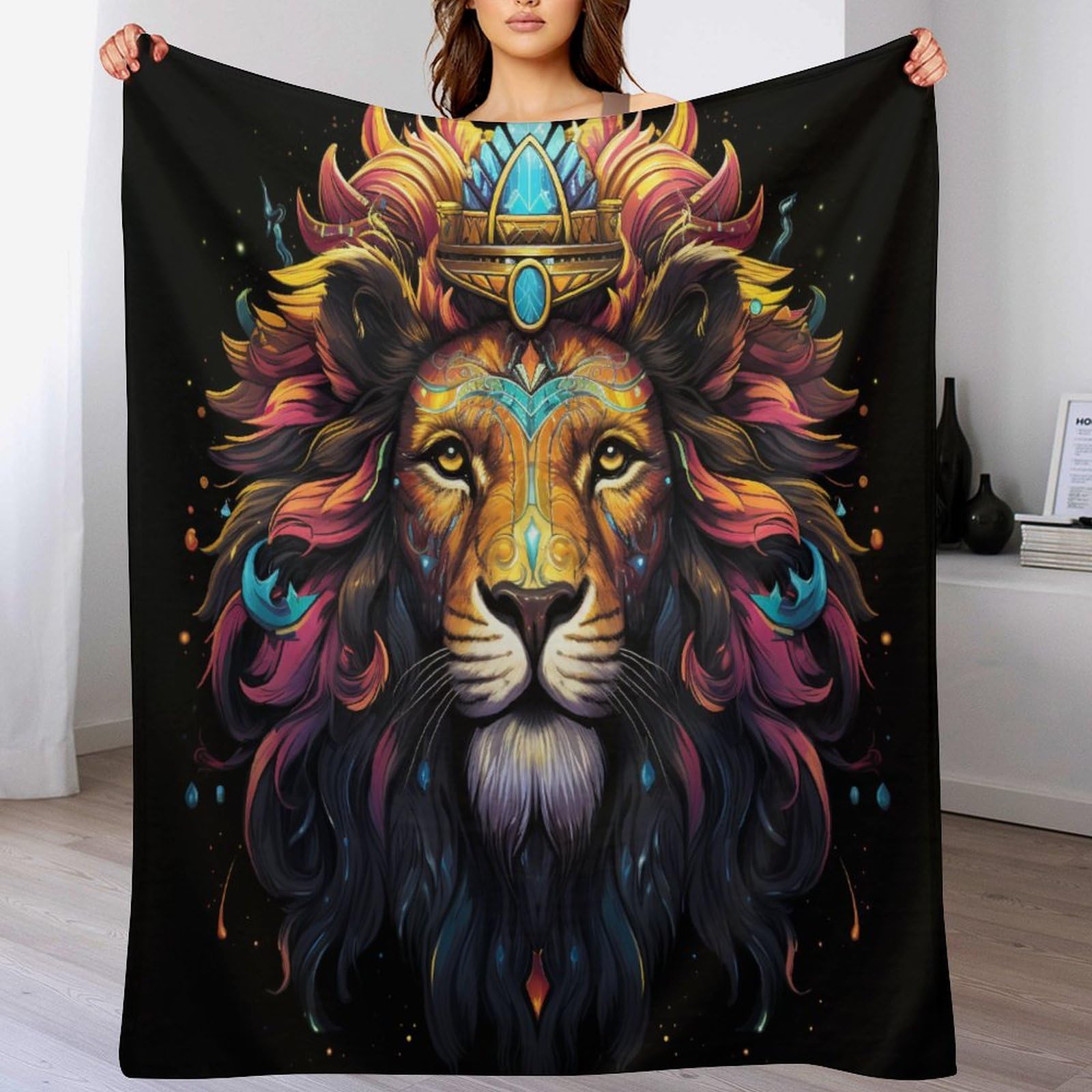 Couverture polaire lion 140x180cm en flannel douce pour lit