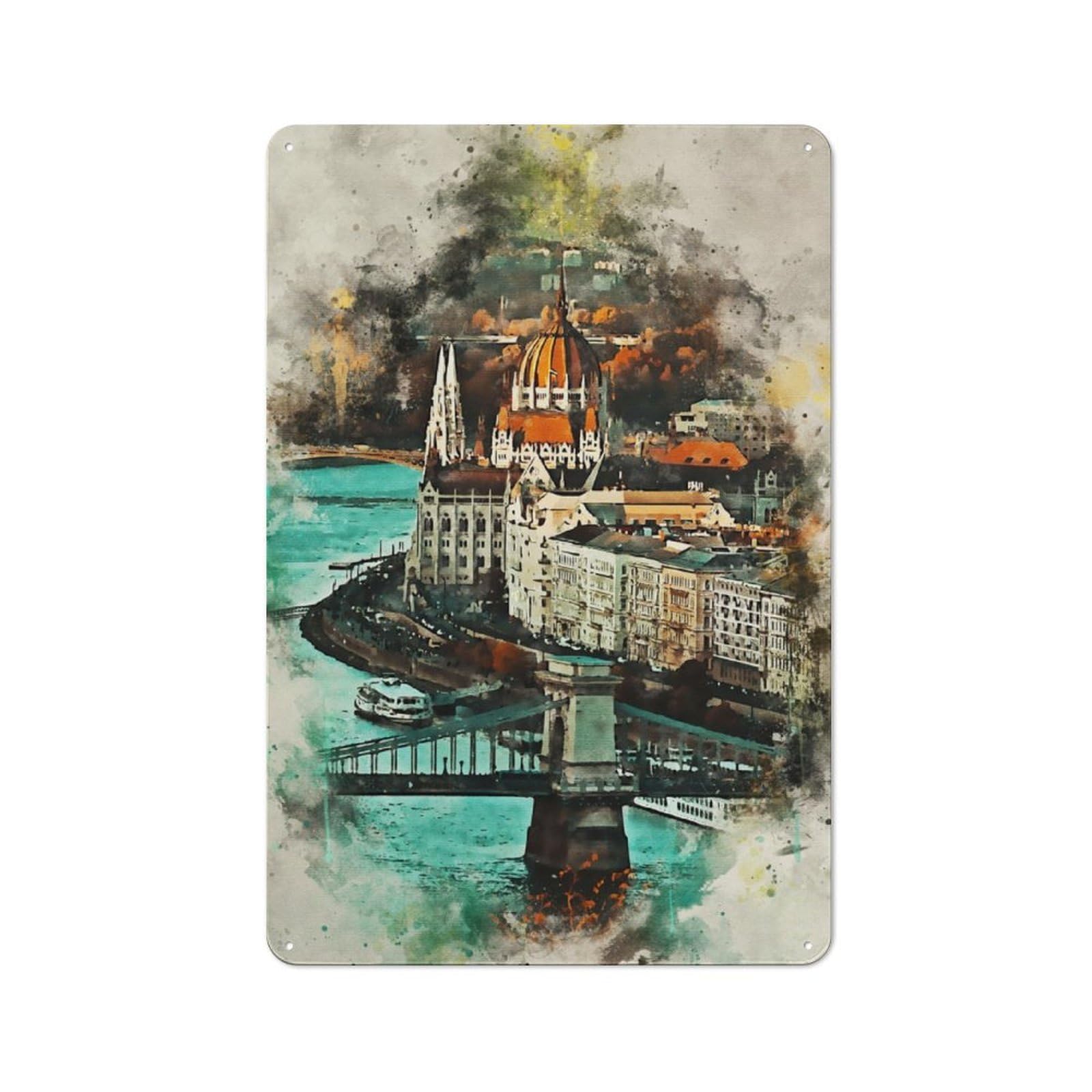 Industrial Budapest in Watercolor Tin Sign 30x20cm, Garage Wall Decor for Garage, Hobby Room, Office Or Man Cave