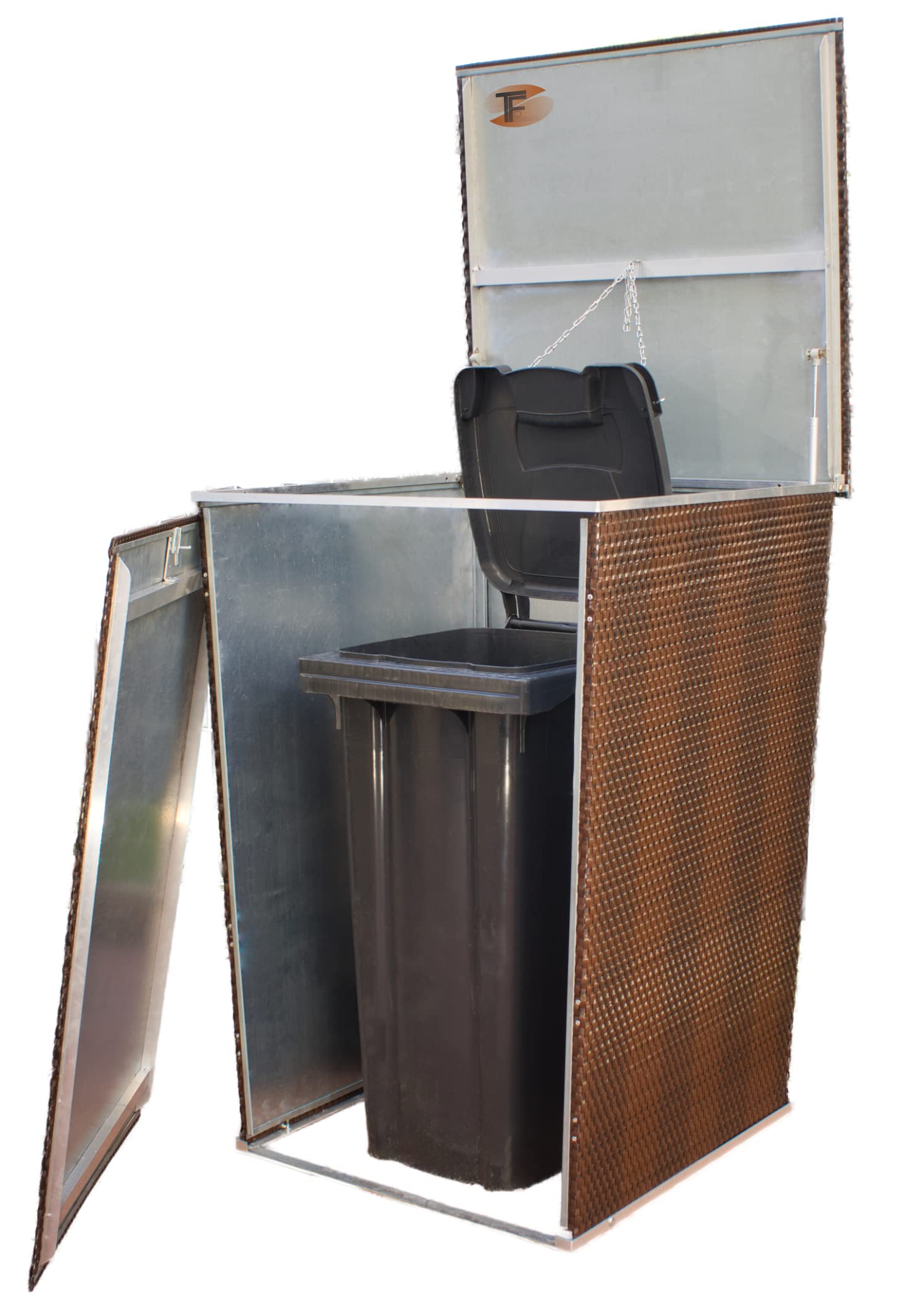 Mülltonnenverkleidung Rattanoptik für 120L–240L Tonnen – wetterfeste Mülltonnenbox aus Metall & Polyrattan – braun – mit Gasdruckfeder – RYBE