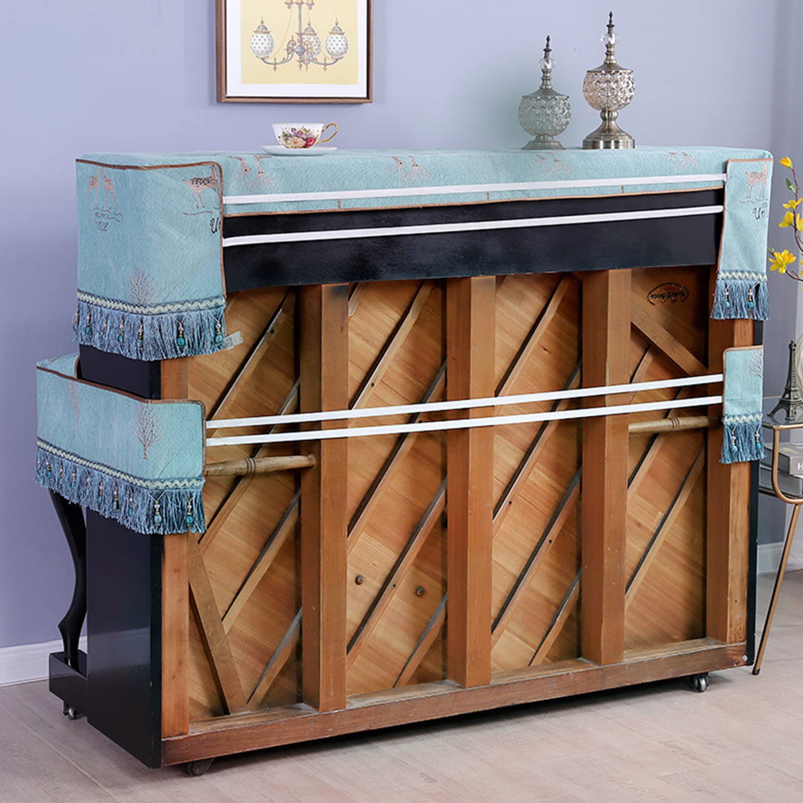 Copertura in Tessuto Poncho per Pianoforte, Mezza Copertura per Pianoforte Europeo, Copertura per Tastiera Elettronica per Pianoforte con Copri Sgabello,Blue-with Double Stool Cover