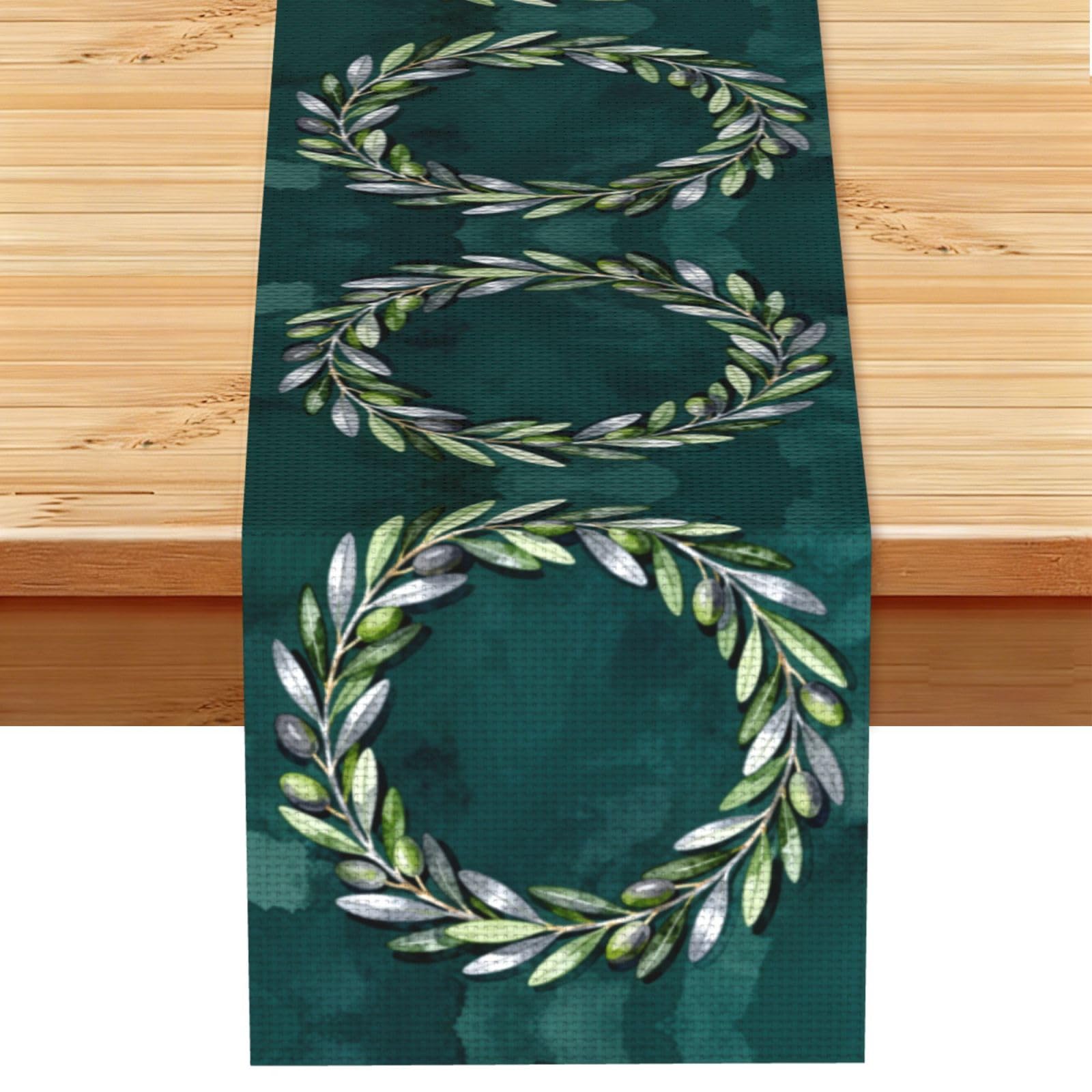 Olive Branch Wreath Linen Look Table Runner 13x72-Wrinkle Resistant Farmhouse Style for Dining Table Decor