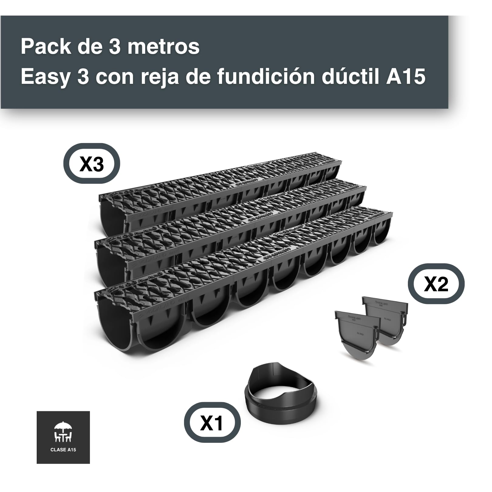 Canaleta de Desagüe VODALAND Easy 3 con Rejilla de Fundición Dúctil - Clase de Carga A15 para Paso de Vehículos - Pack de 3 Metros