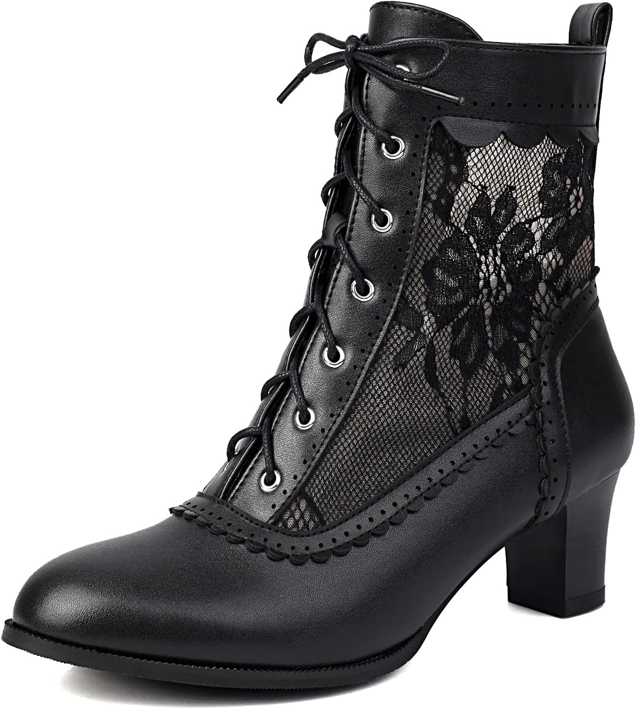 BEAUPAS Women's Victorian Lace Ankle Boots Combat Boots with Floral Mesh Block Heel Lace-up