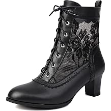 BEAUPAS Women's Victorian Lace Ankle Boots Combat Boots with Floral Mesh Block Heel Lace-up