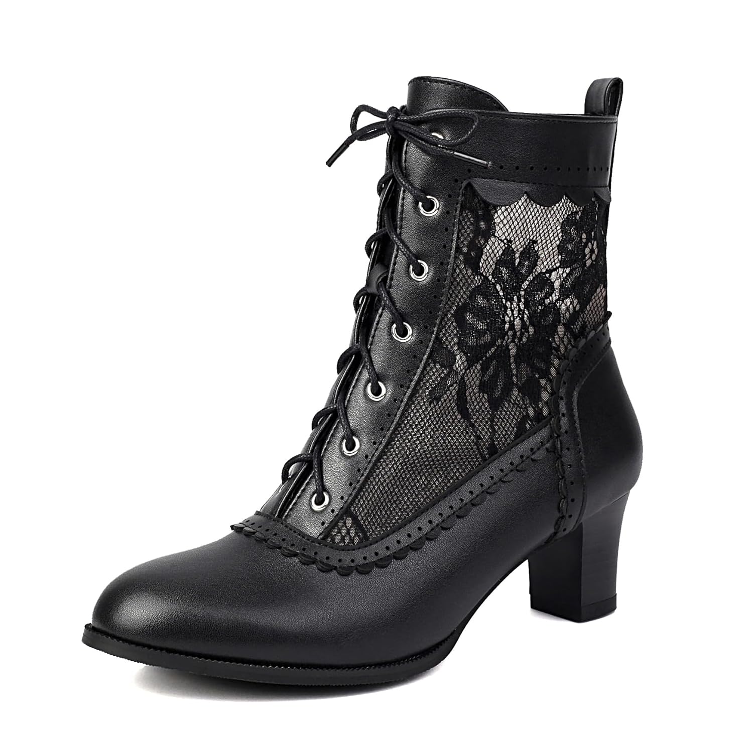 BEAUPAS Womens Victorian Lace Ankle Boots Combat Boots with Floral Mesh Block Heel Lace-up