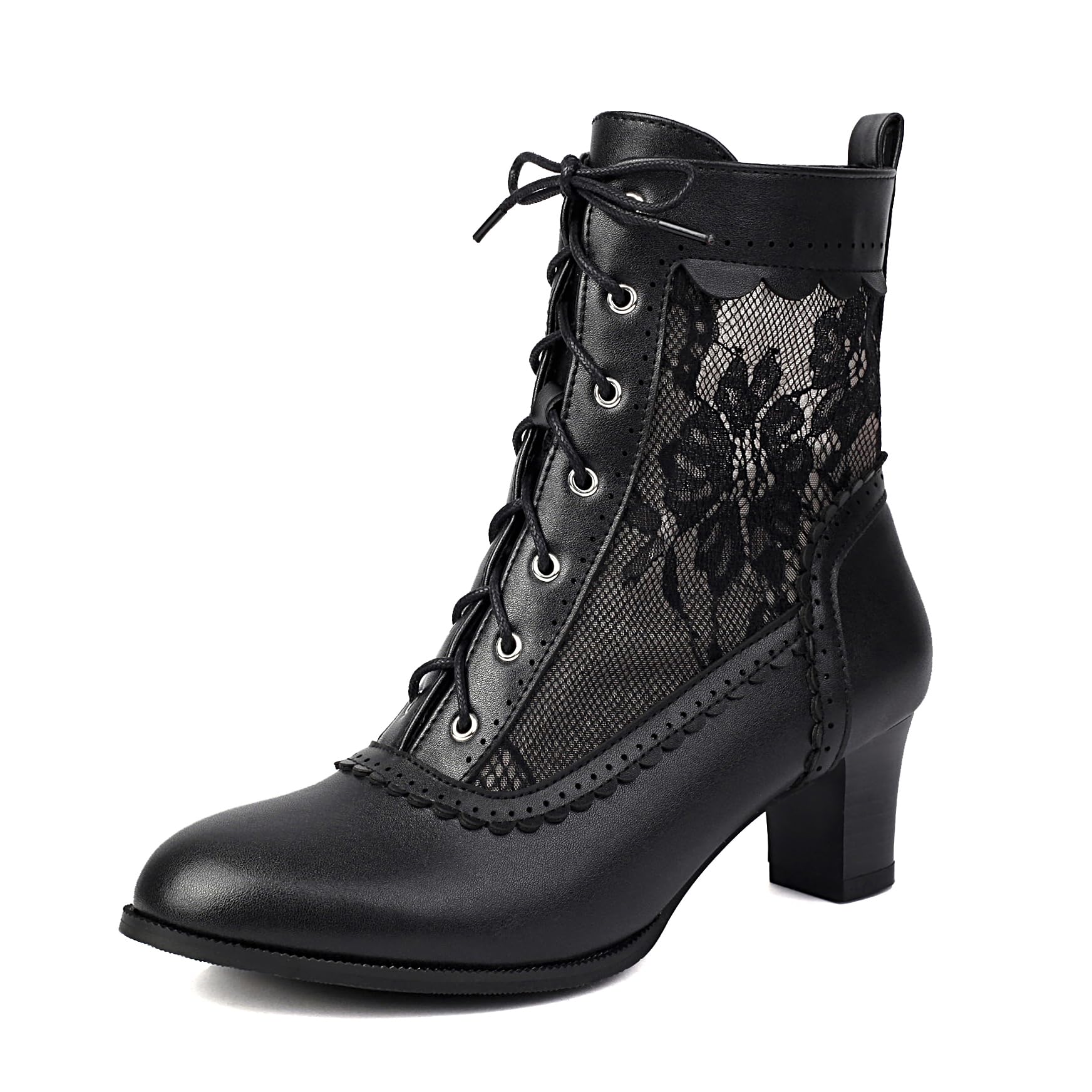 BEAUPAS Womens Victorian Lace Ankle Boots Combat Boots with Floral Mesh Block Heel Lace-up