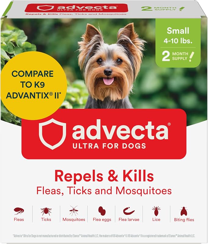Advecta Ultra Flea and Tick Topical for Dogs 4-10 lbs, 2-Mo Supply | Imidacloprid, permethrin & pyriproxyfen kill fleas/ticks on contact; 2-dose supply; Breaks Flea Life Cycle