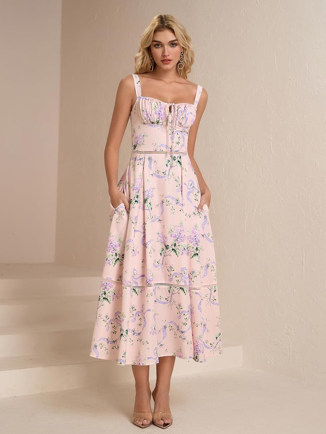 KUTUMAI Floral Corset Midi Dress Lace Up Cutout Flowy Summer Wedding Guest Dresses for Women Sundress with Pockets - Image 2