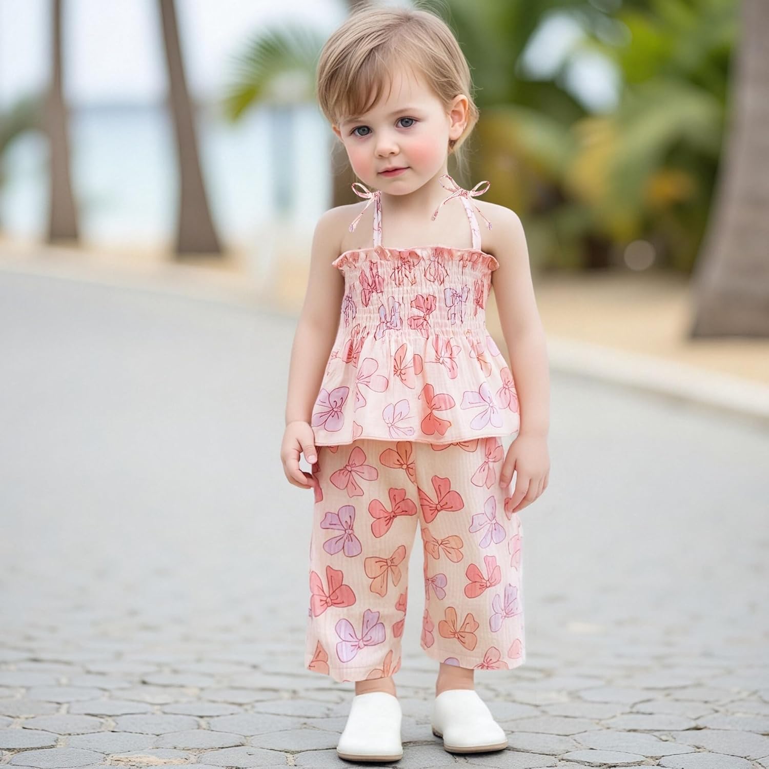 Little Kids Girl Summer Outfit Sleeveless Tied Flower Print Cami Tank Tops Elastic Pants Toddler 2Pcs Clothes Set - Image 3