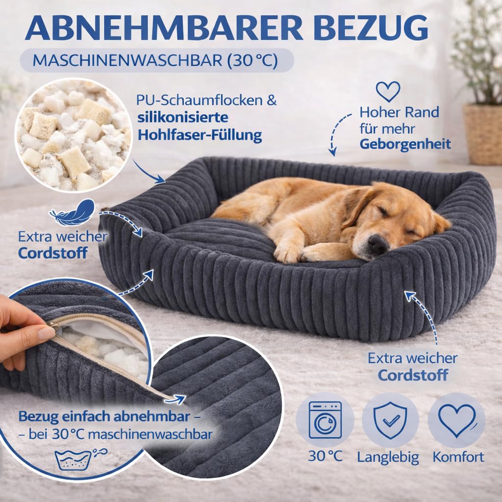 Odolplusz waschbares Hundebett 95x75cm Hundekissen aus Cord – Weiches Katzenbett rutschfest – Hundesofa in dunkelgrau für mittlere Hunde – Formstabile Hundematratze flauschig mit Rand